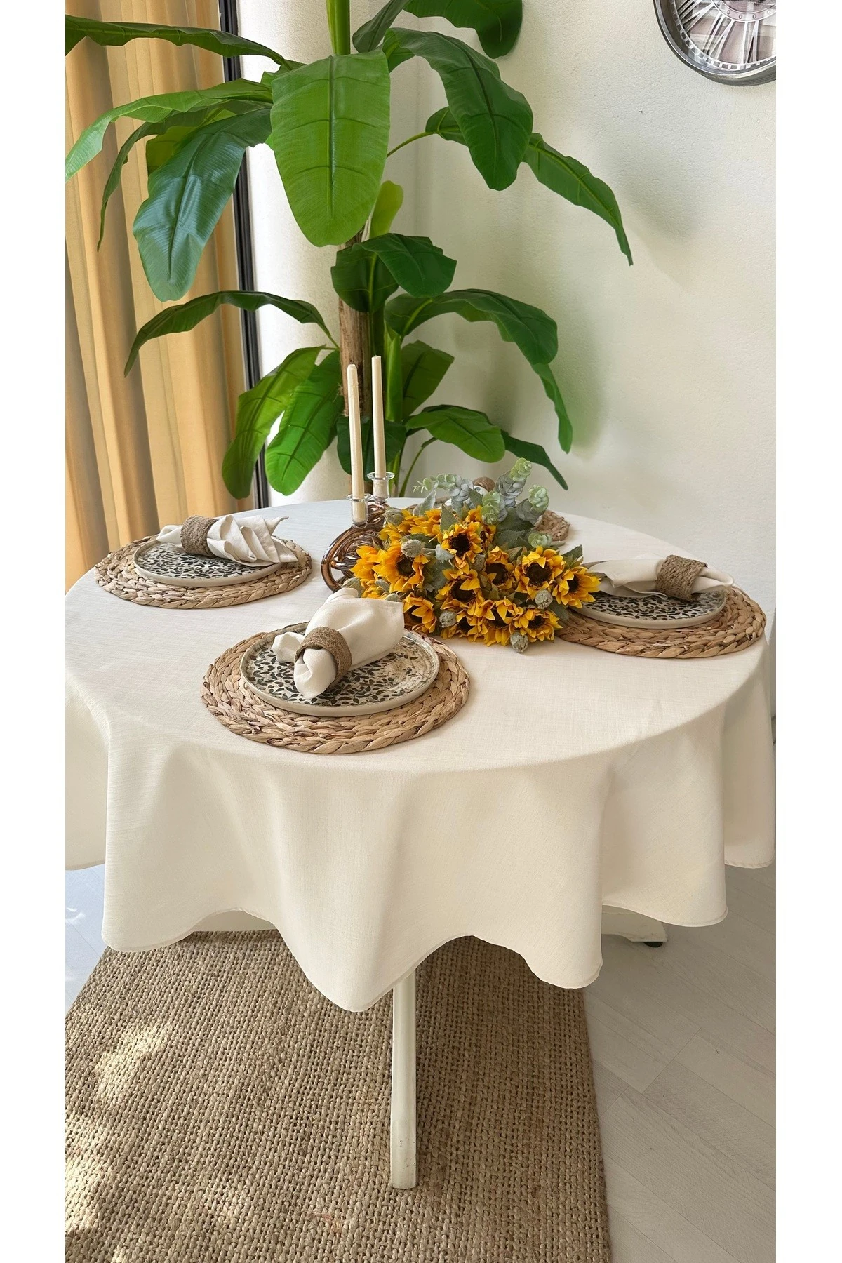 Keten Dokulu Yuvarlak Masa Örtüsü Düz Model - 5
