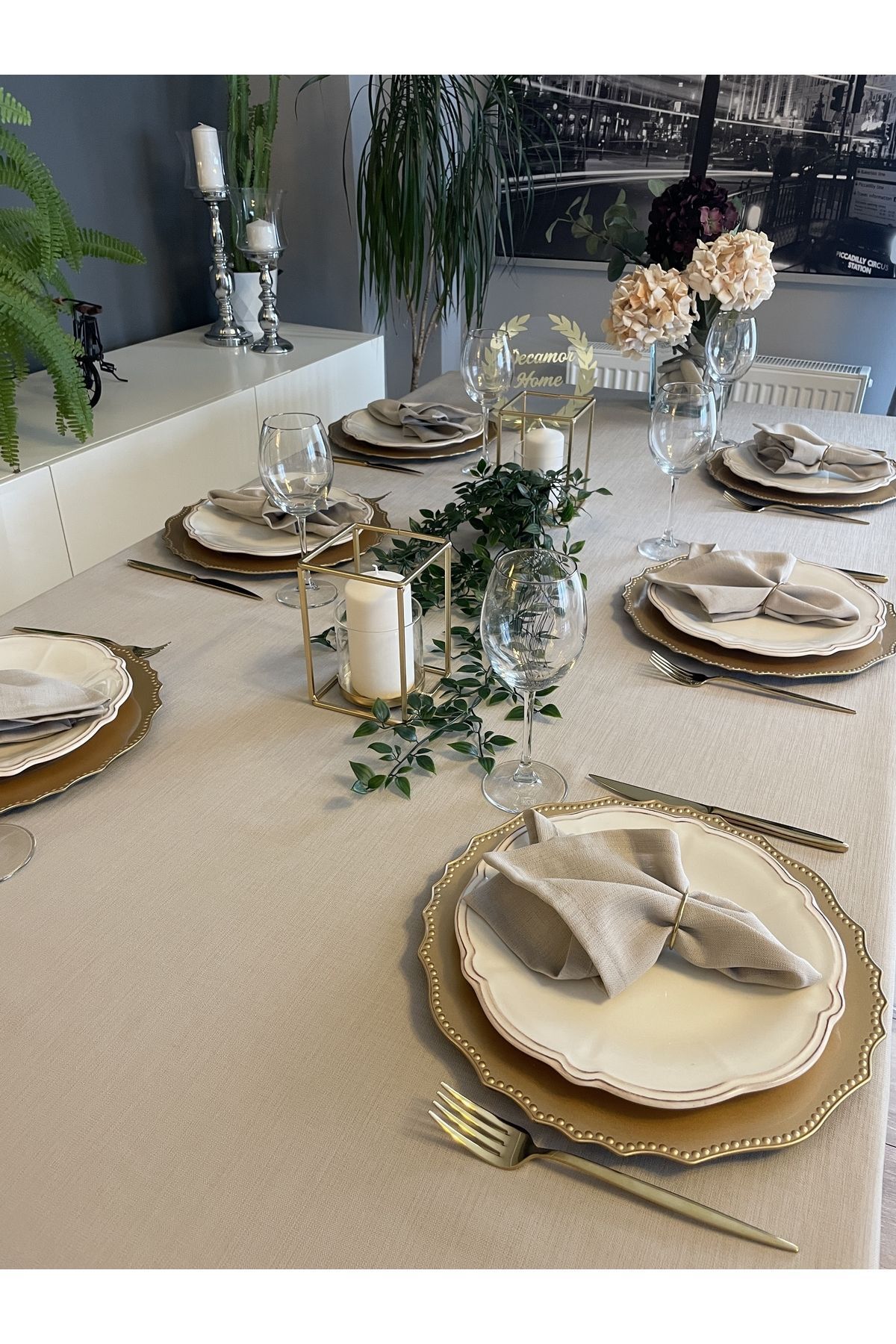 Keten Dokulu Bej Masa Örtüsü