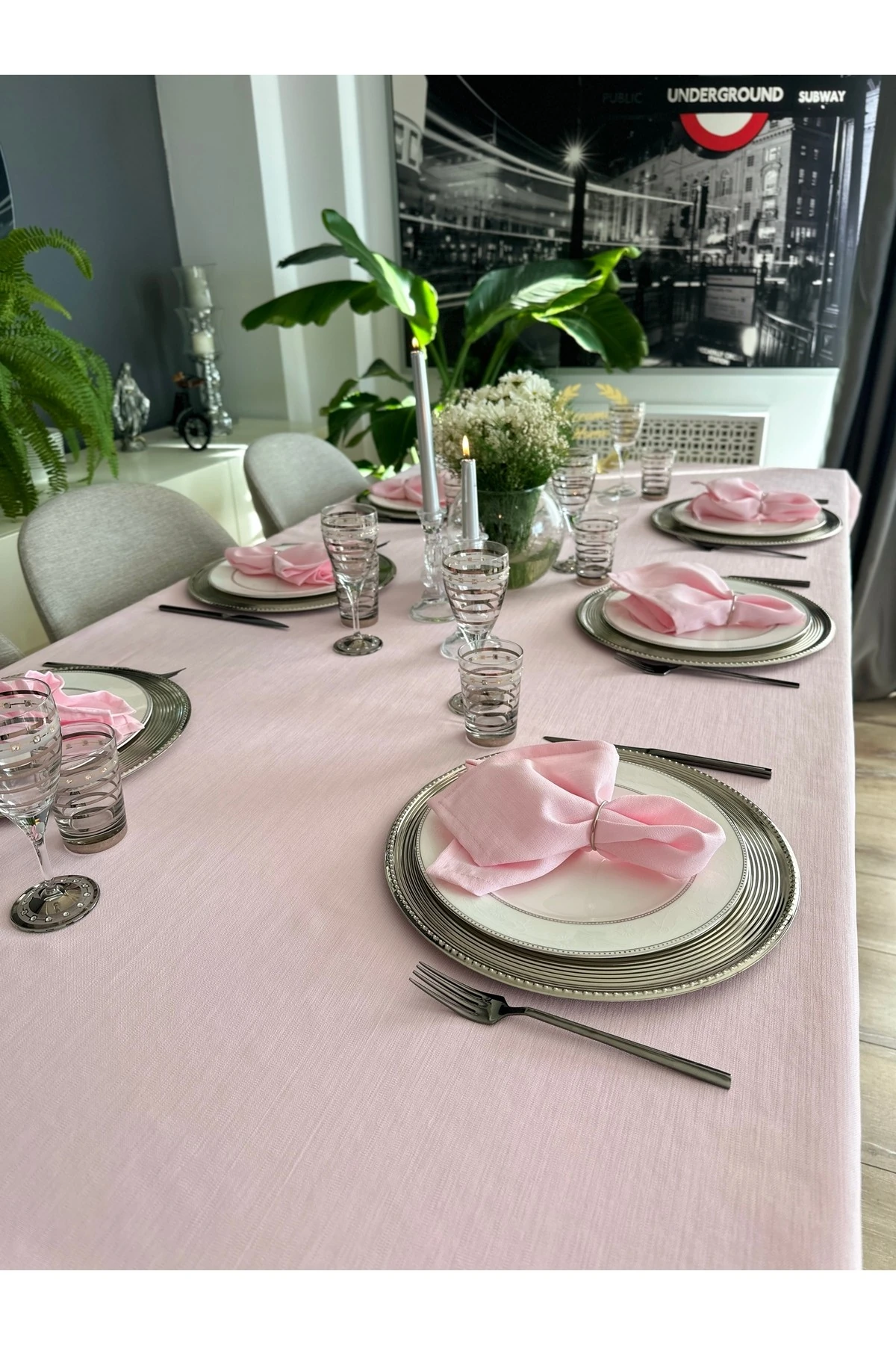 Keten Dokulu Dikdörtgen Masa Örtüsü