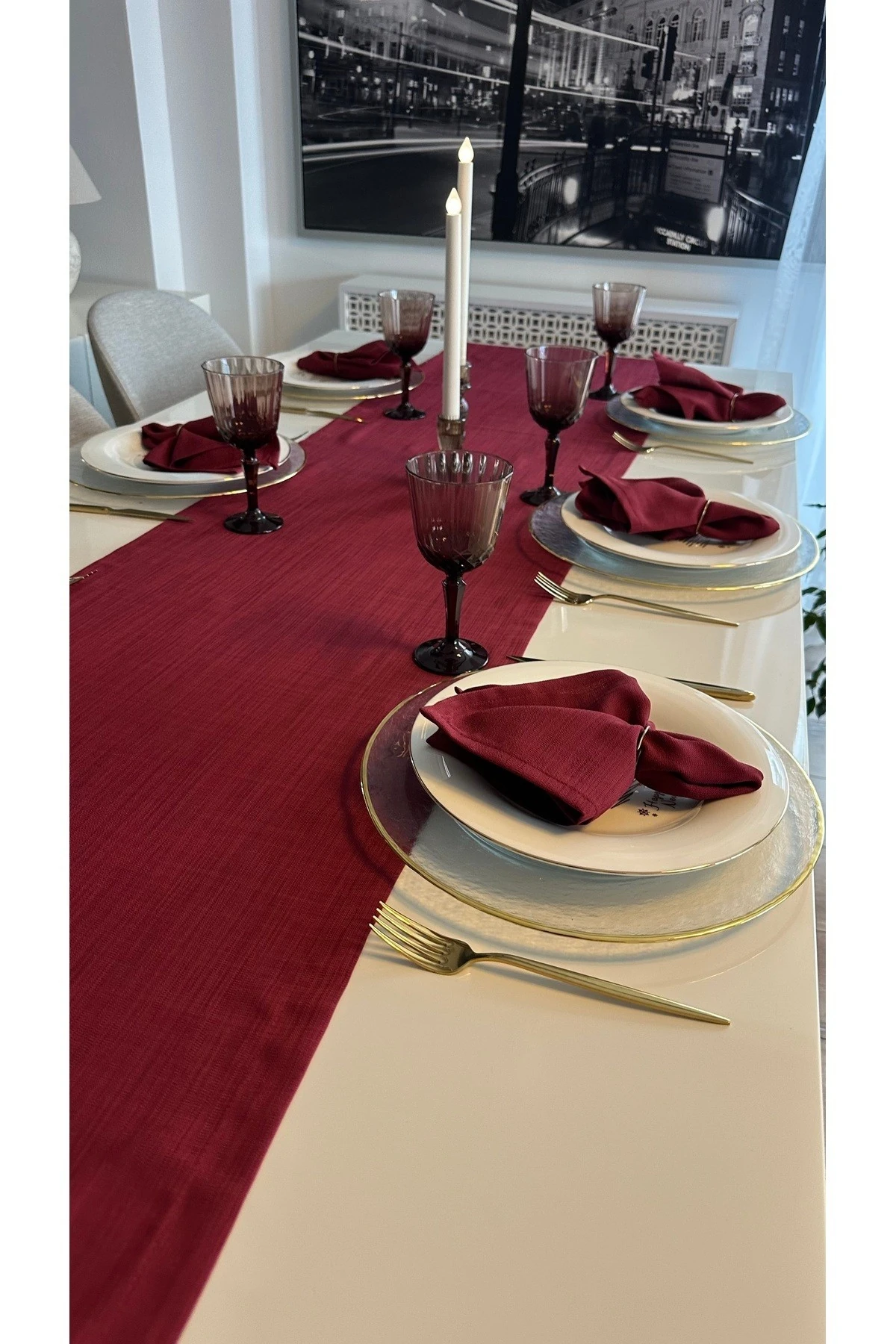 Keten Dokulu Şarabi Bordo Runner Dertsiz Kumaş