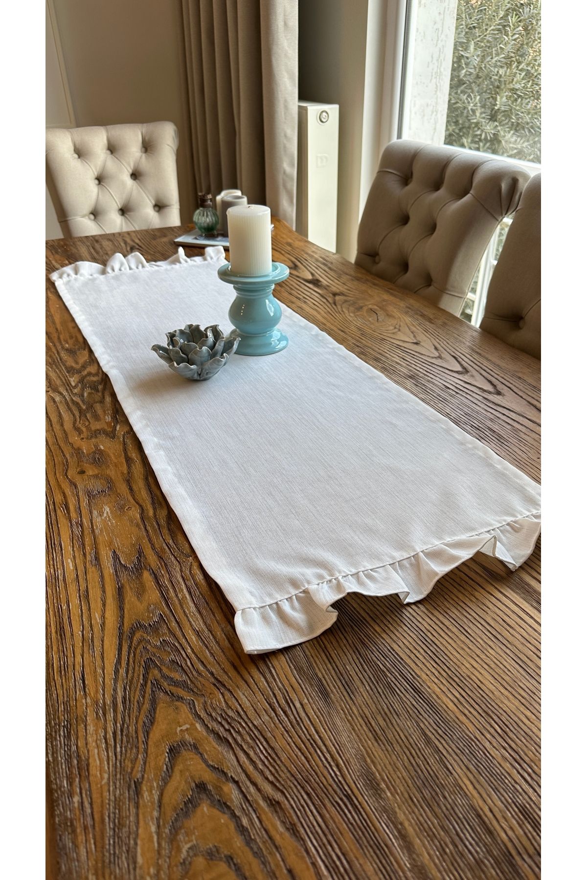 Keten Dokulu Dertsiz Beyaz Fırfırlı Runner