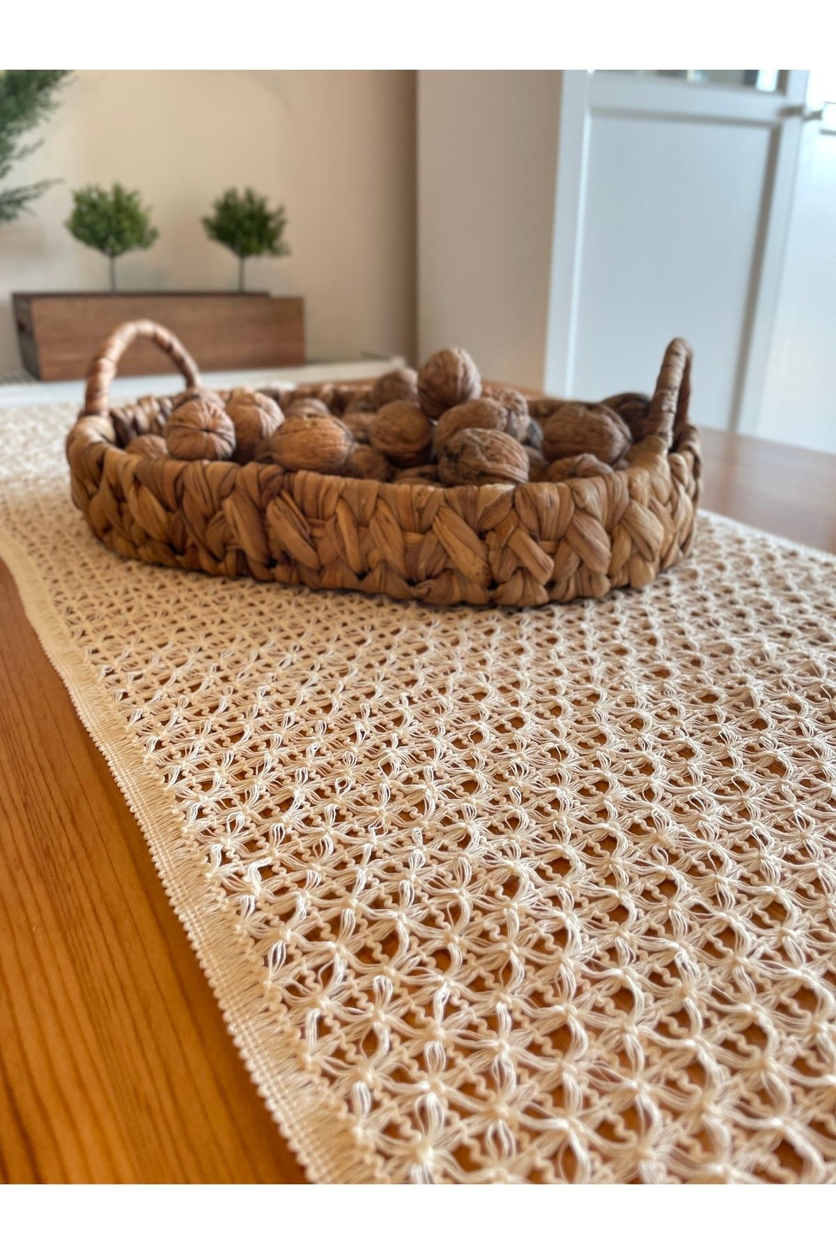 Bohem Örgü Dantel Püsküllü Ekru Runner