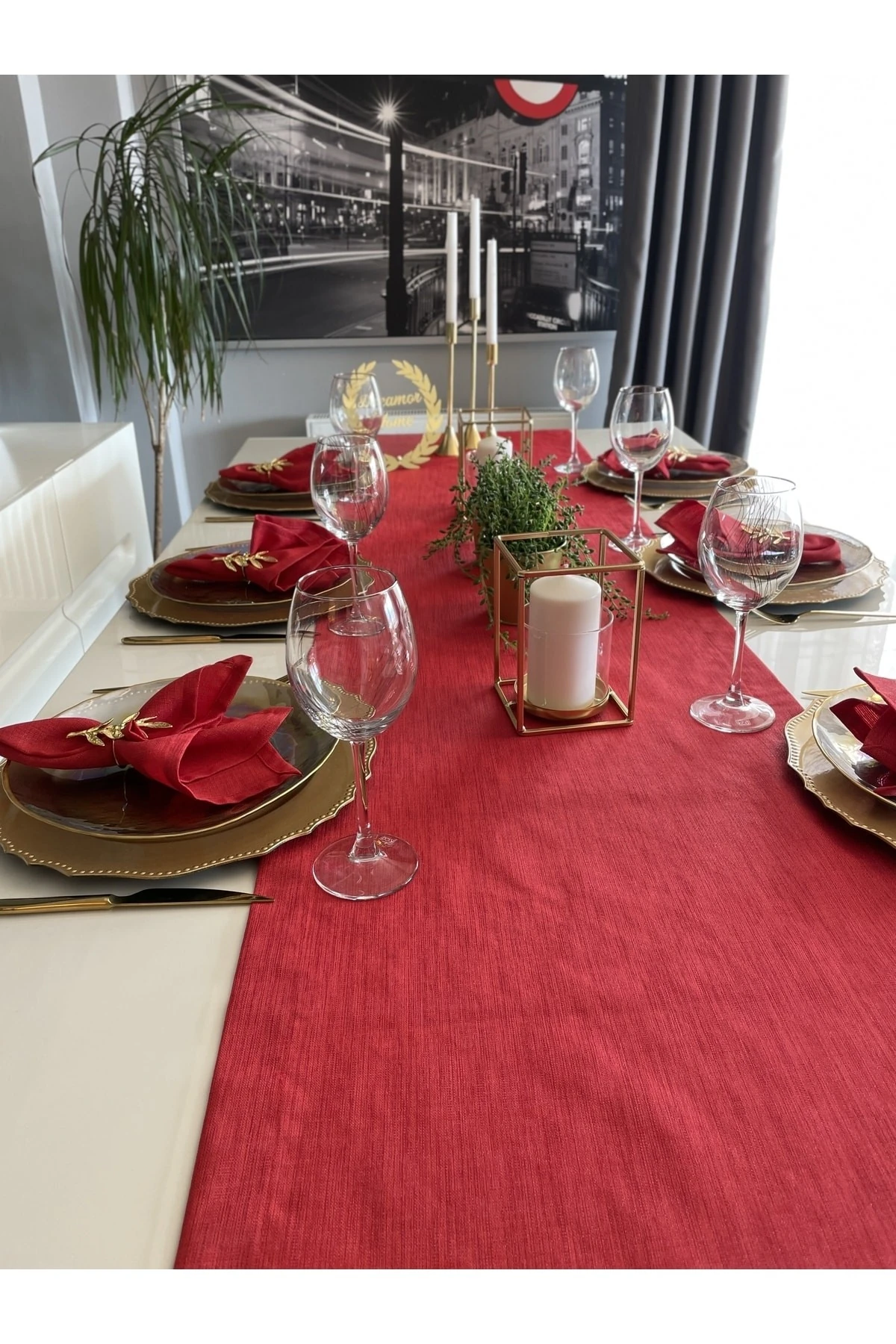 Keten Dokulu Simli Kırmızı Runner Yılbaşı Runner