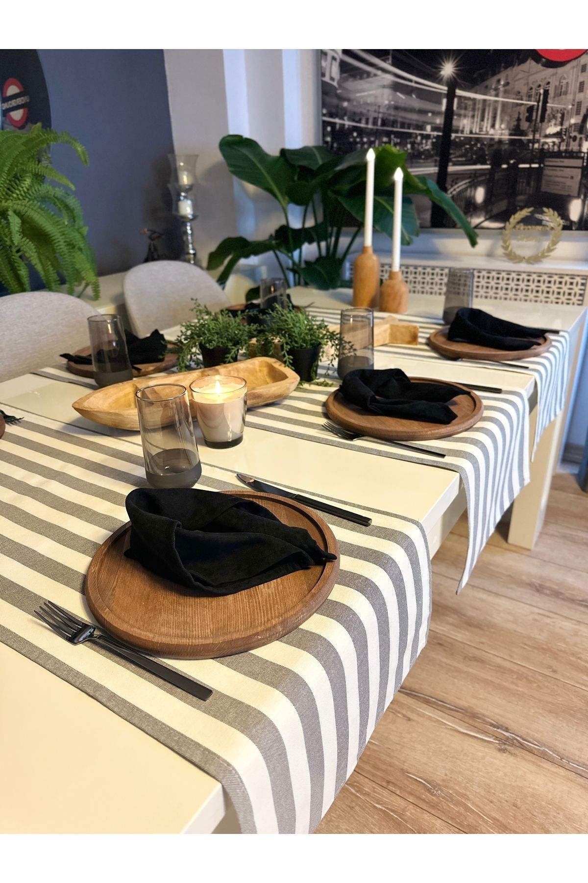 Füme Gri Çizgili Keten Runner Dertsiz Leke Tutmaz
