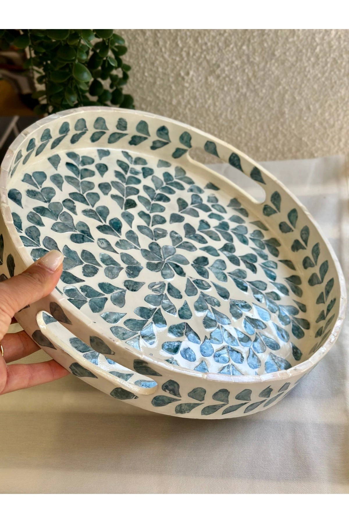 Sedefli Taş Detaylı El Yapımı İndigo Mavi Detaylı Tepsi Büyük Boy