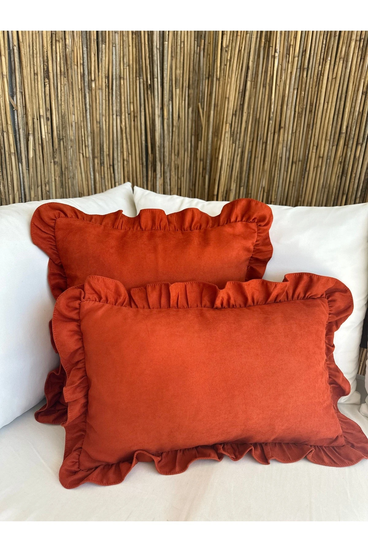 Vintage Fırfırlı Koyu Kiremit Kırlent Kılıfı 1 ad