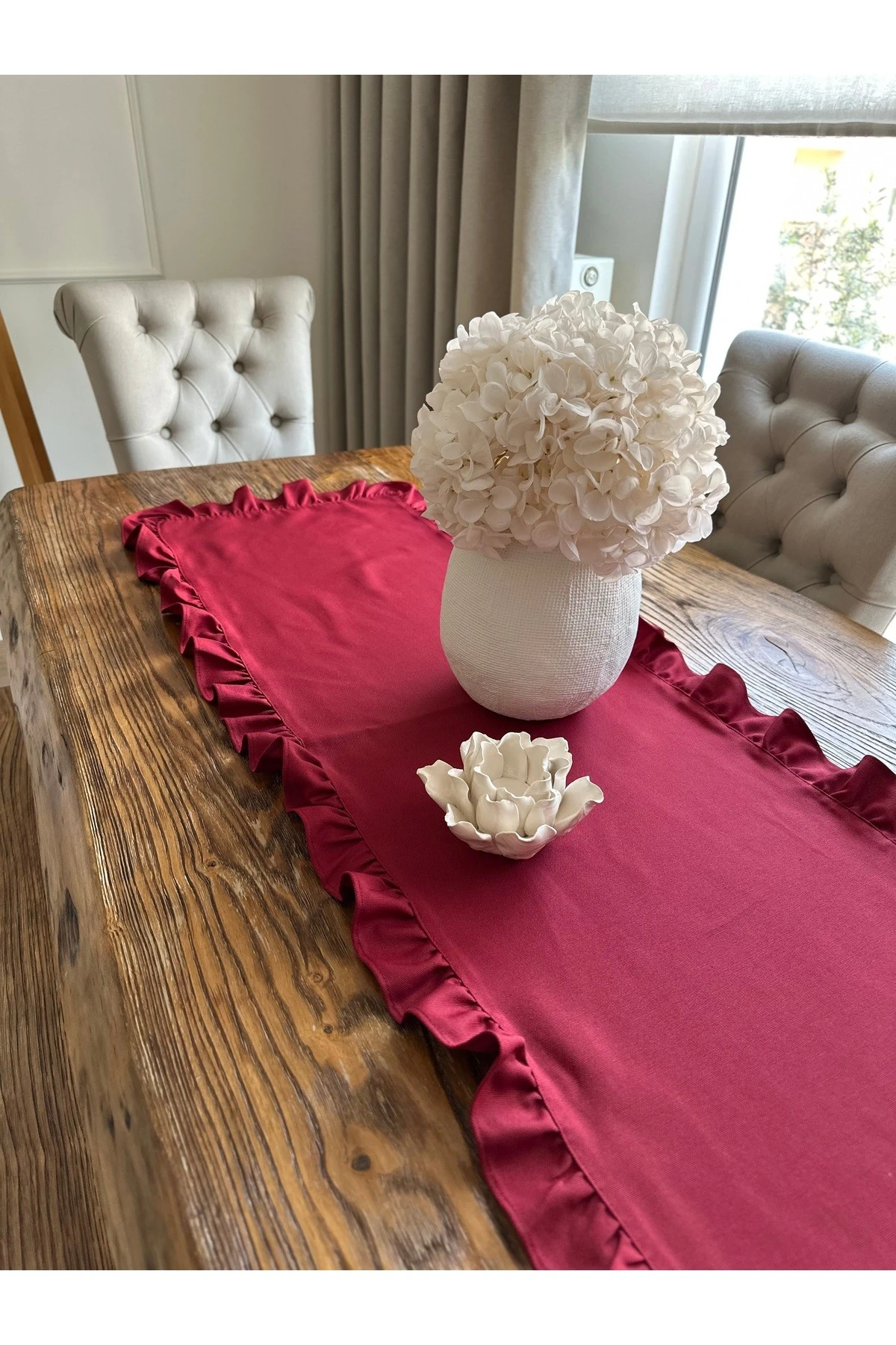 Pamuklu Dertsiz Leke Tutmaz Vintage Tam Fırfırlı Bordo Runner