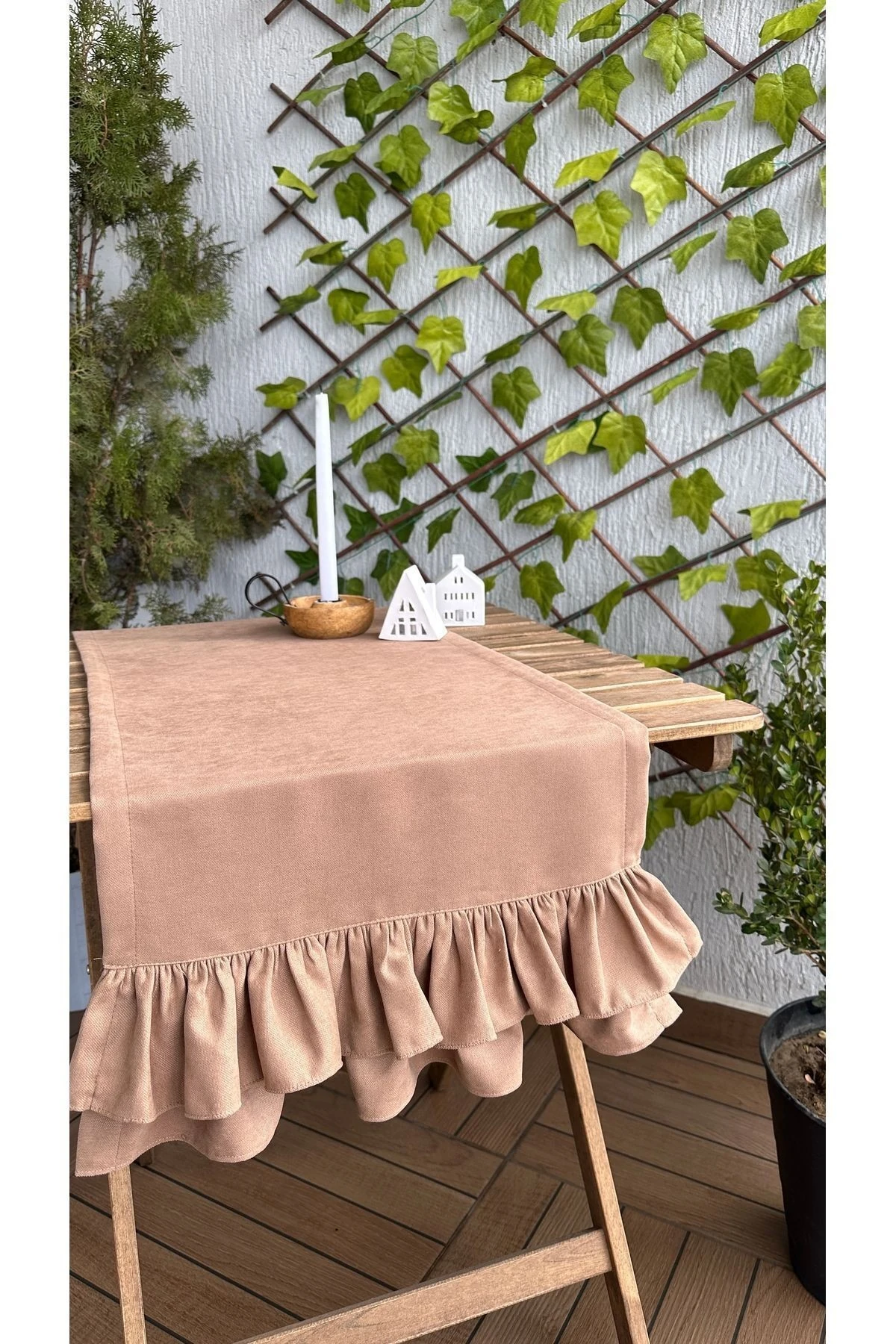 Vintage Kadife Dokulu Dertsiz Çift Kat Fırfırlı Kahverengi Runner