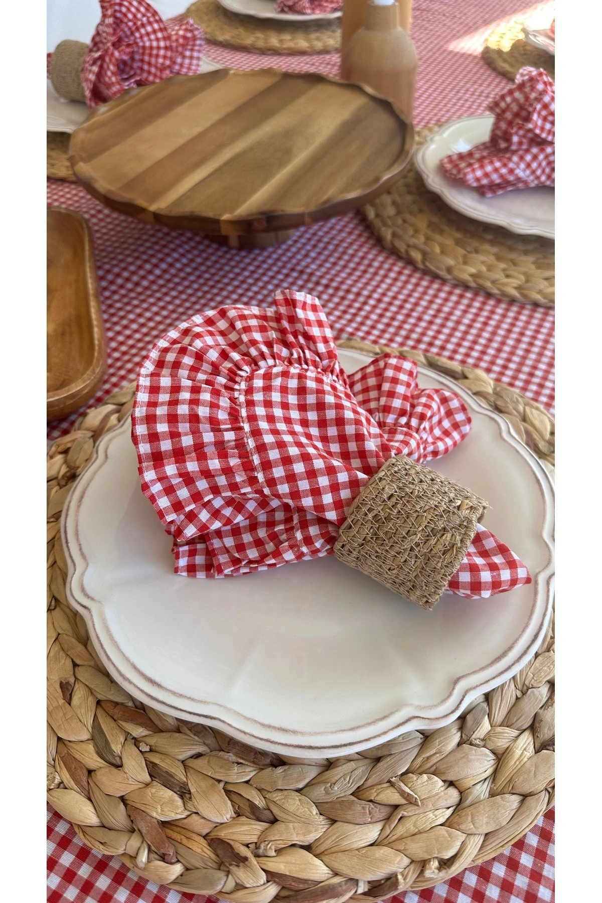 Thin Keten Kumaş 2’li Kırmızı Mini Pötikare Fırfırlı Peçete