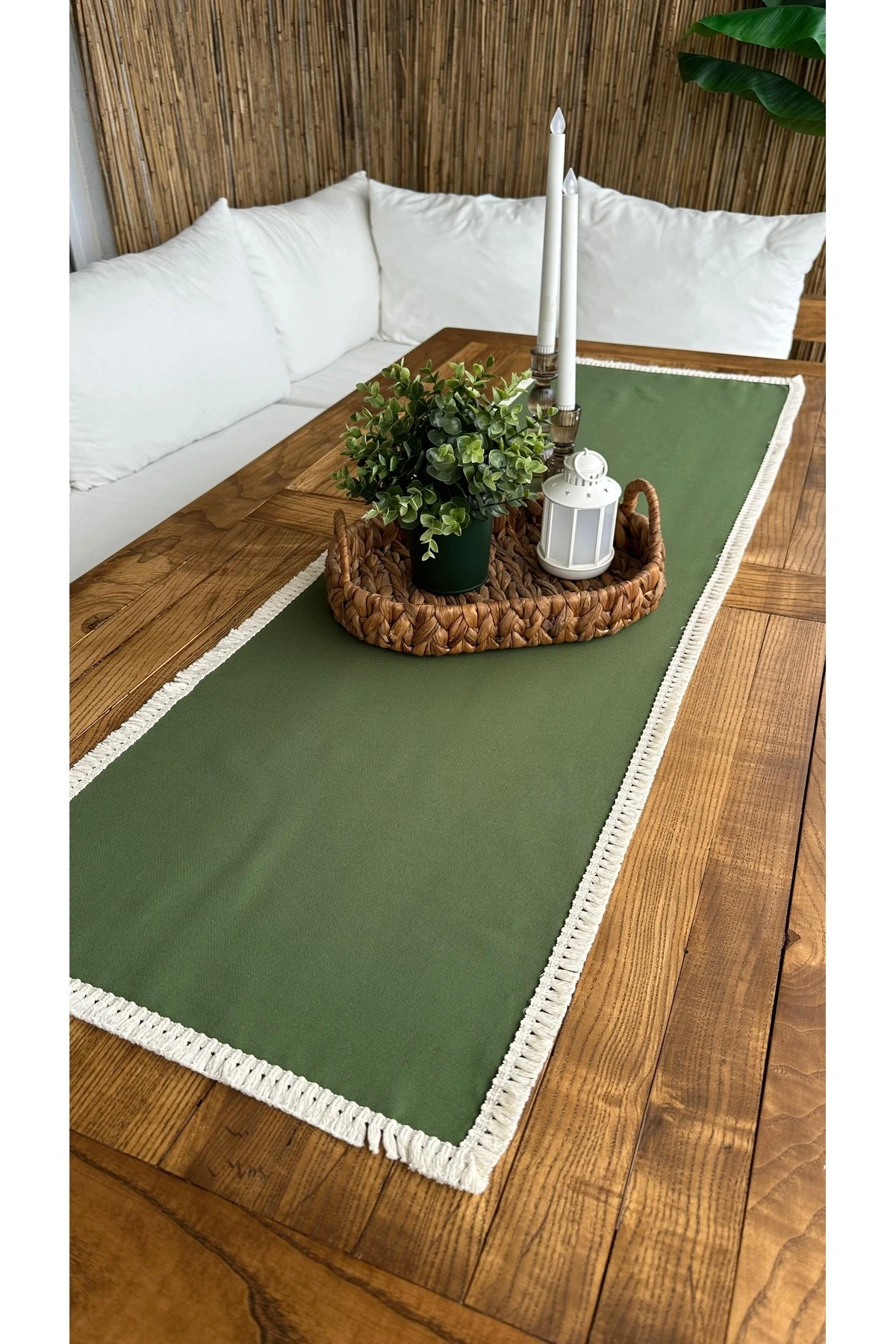 Püskül Detaylı Bej Runner 40 x 130 cm Leke Tutmaz Kumaş - Haki