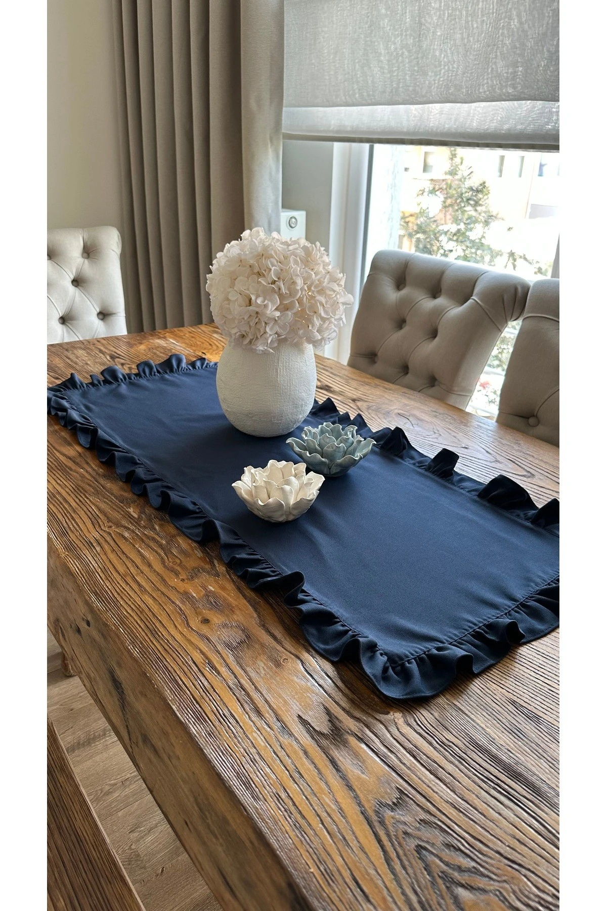 Keten Dertsiz Leke Tutmaz Tam Fırfırlı Lacivert Runner