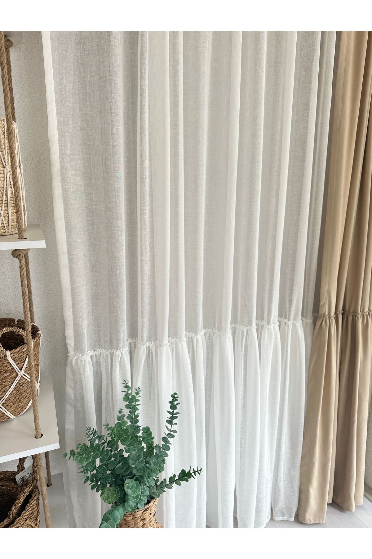 Beyaz Vintage Keten Fırfırlı Tül Perde