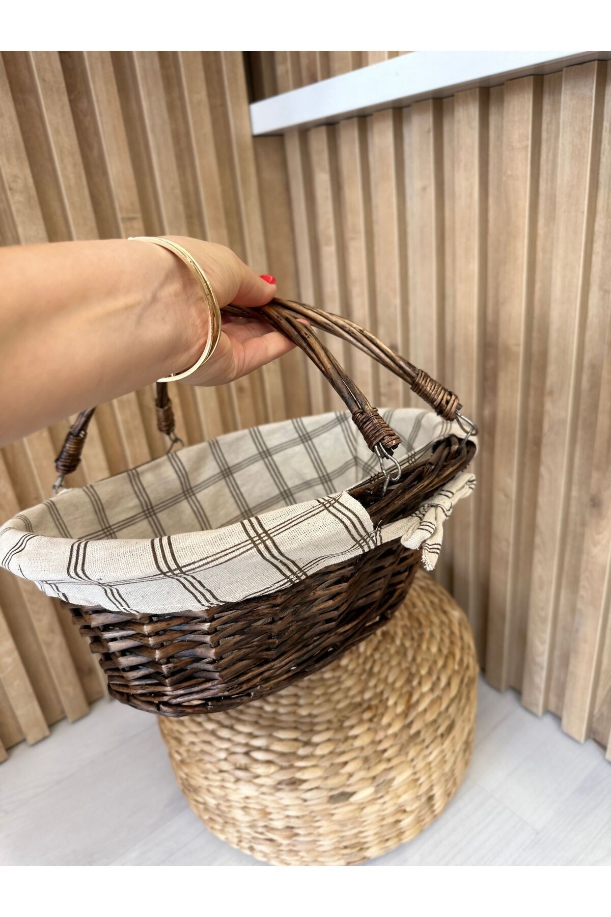 Rattan Kulplu Kahverengi Sepet