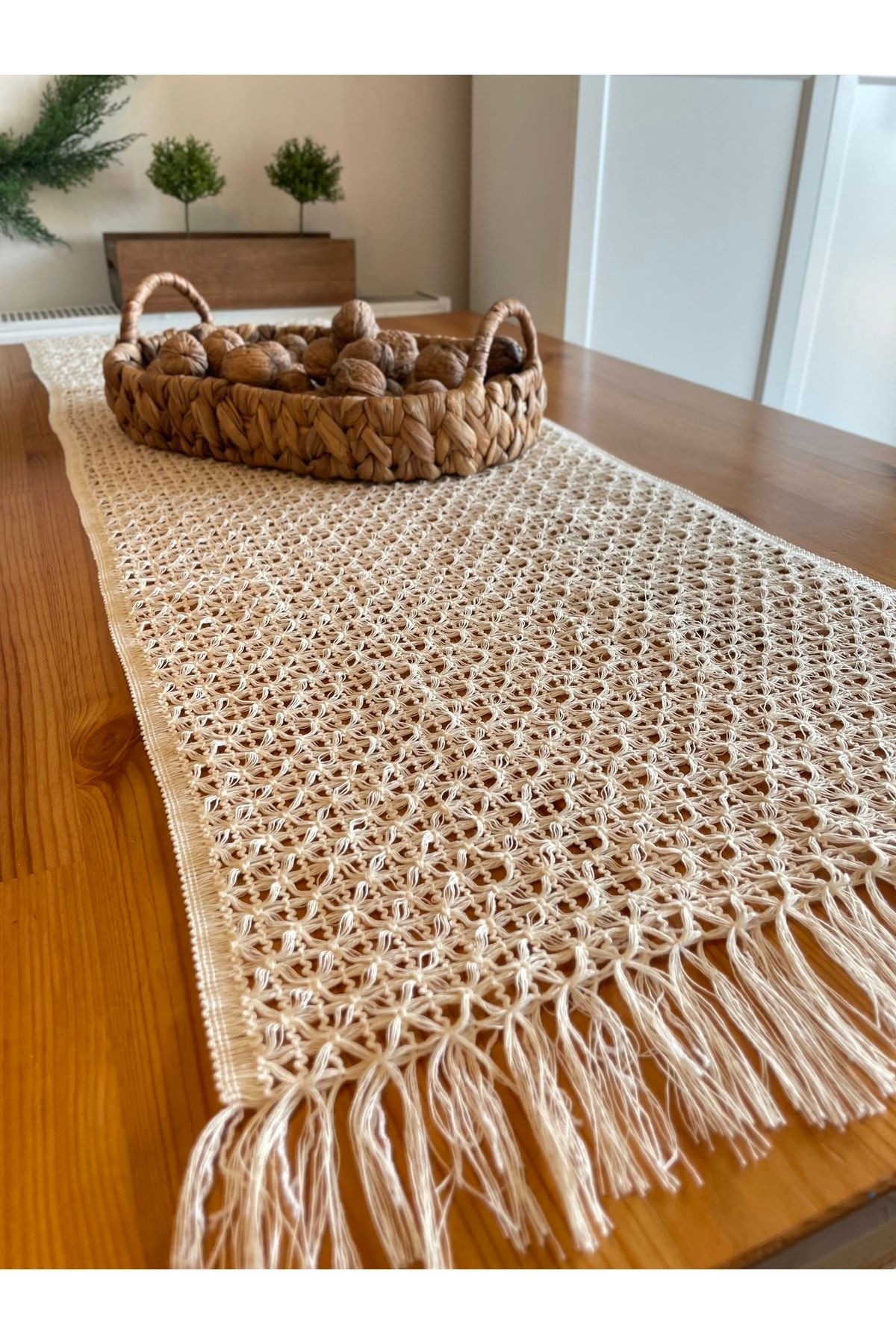 Bohem Örgü Dantel Püsküllü Ekru Runner