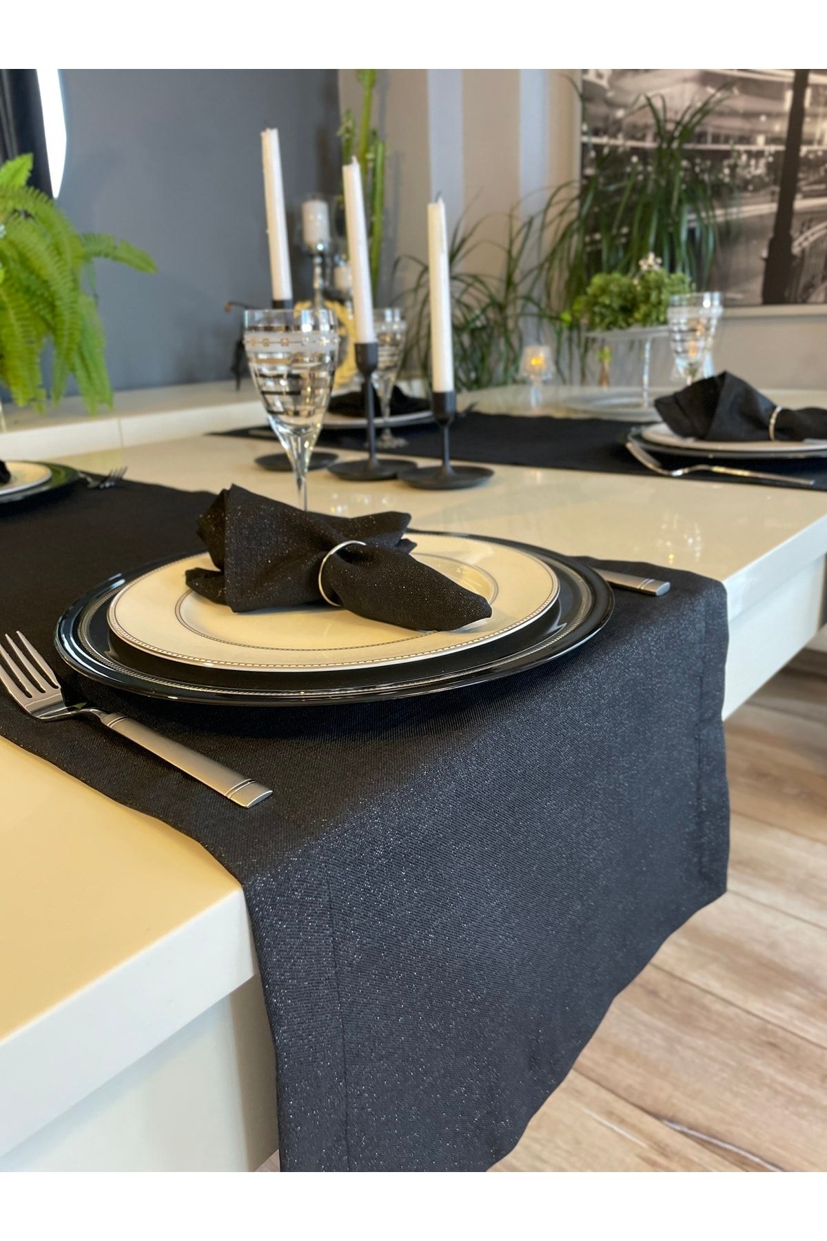 Simli Siyah Keten Dokulu Dertsiz Runner