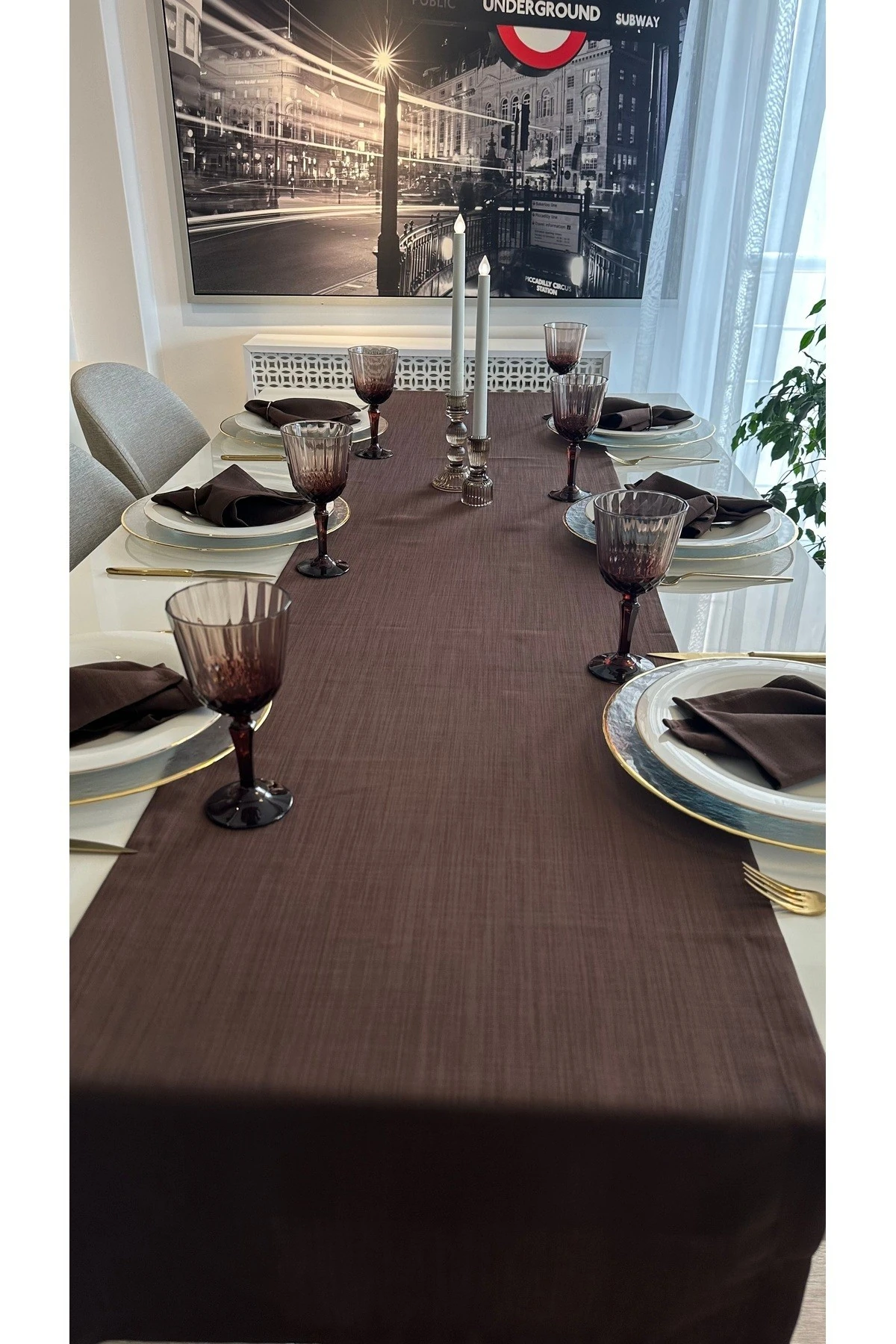 Keten Dokulu Dertsiz Kahverengi Runner