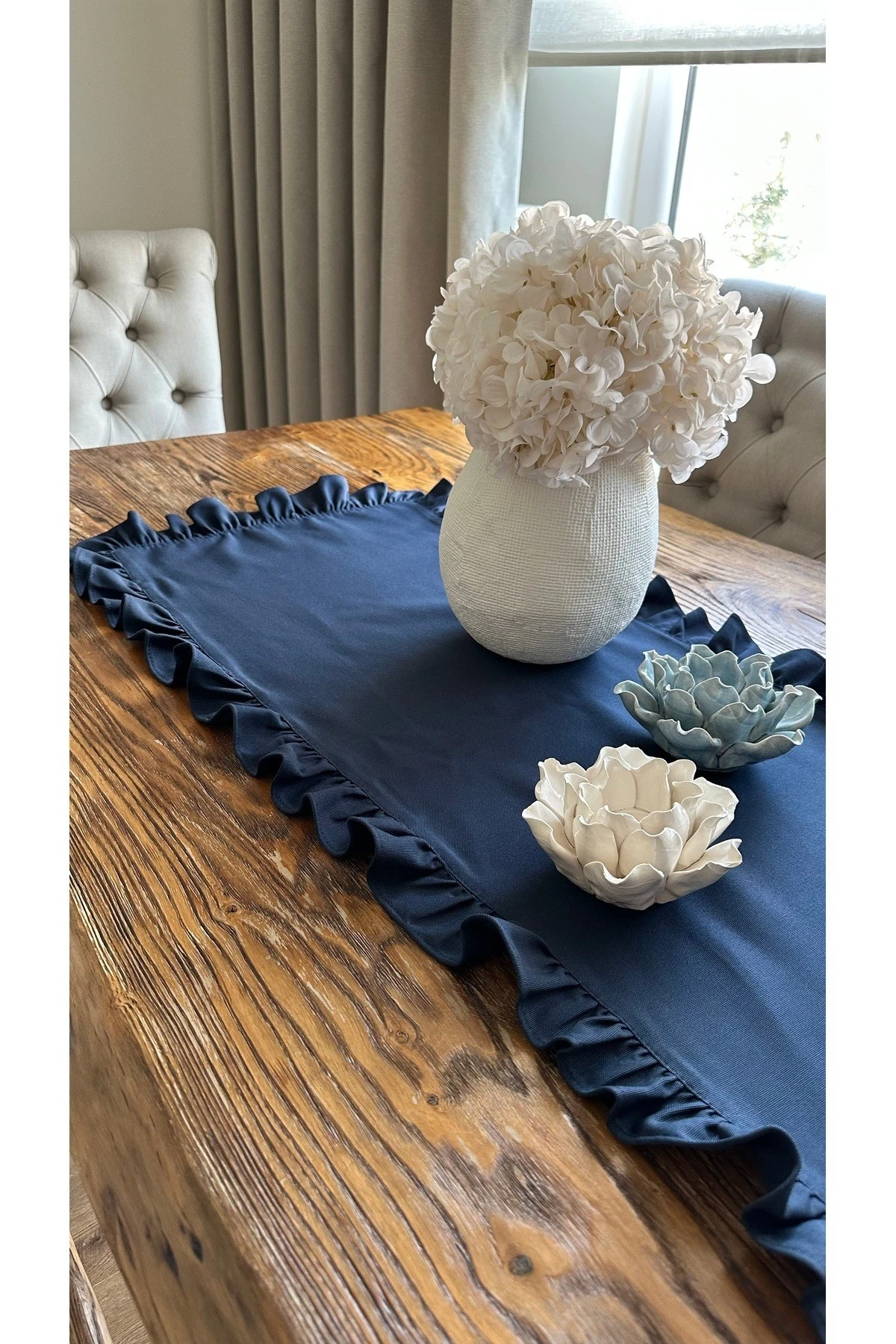 Keten Dertsiz Leke Tutmaz Tam Fırfırlı Lacivert Runner