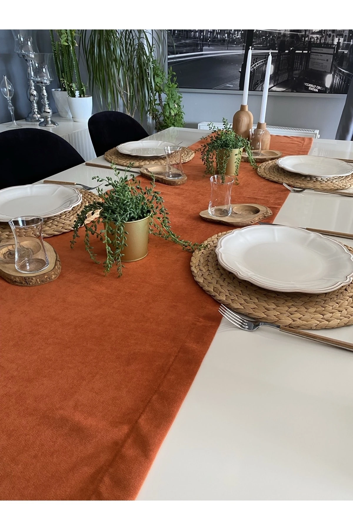 Kadife Dokulu Kiremit Tarçın Uzun Runner