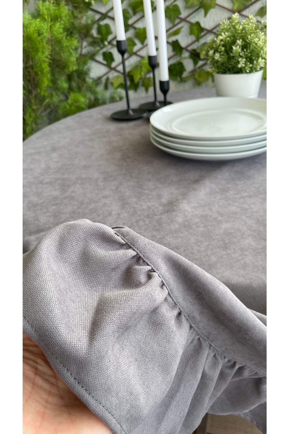 Kadife Dokulu Dertsiz Vintage Fırfırlı Füme Gri Yuvarlak Masa Örtüsü