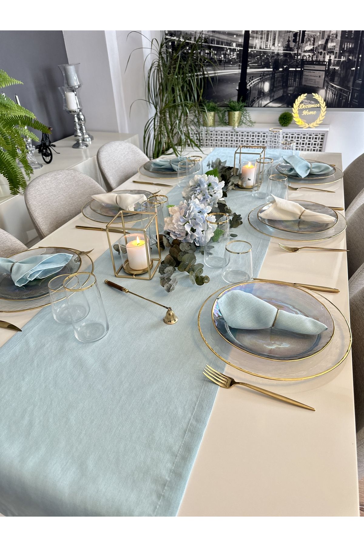 Keten Dokulu Simli Mint Yeşili Uzun Runner