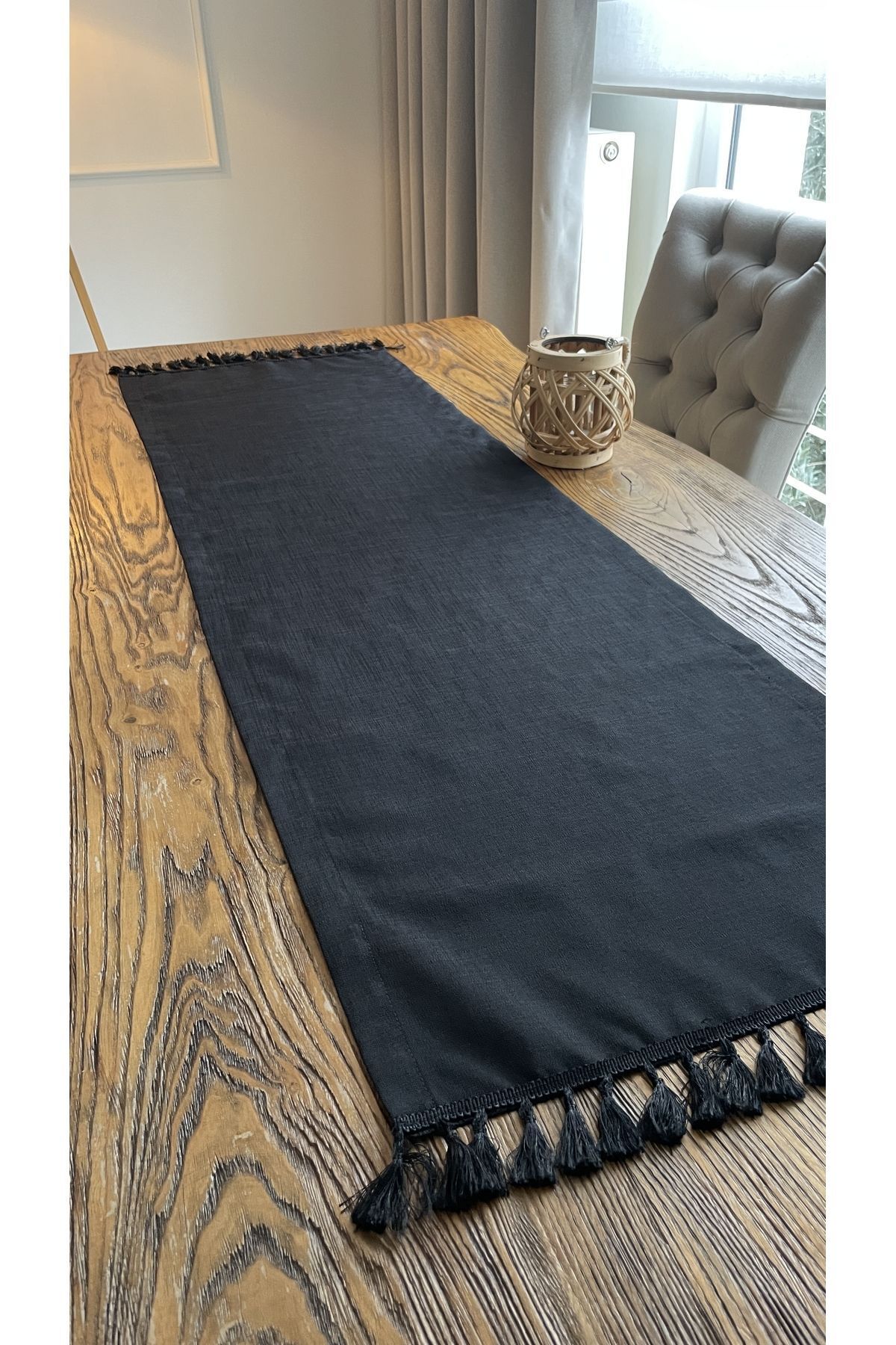 Püsküllü Siyah Runner Keten Püsküllü Runner