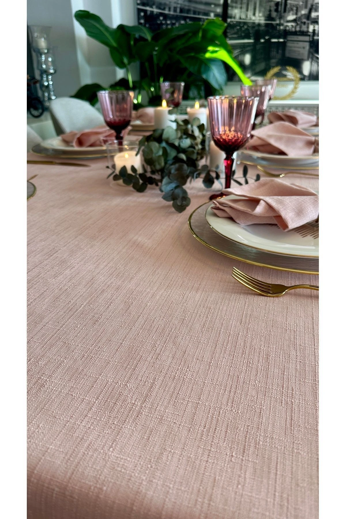 Keten Dokulu Pudra Pembe Masa Örtüsü