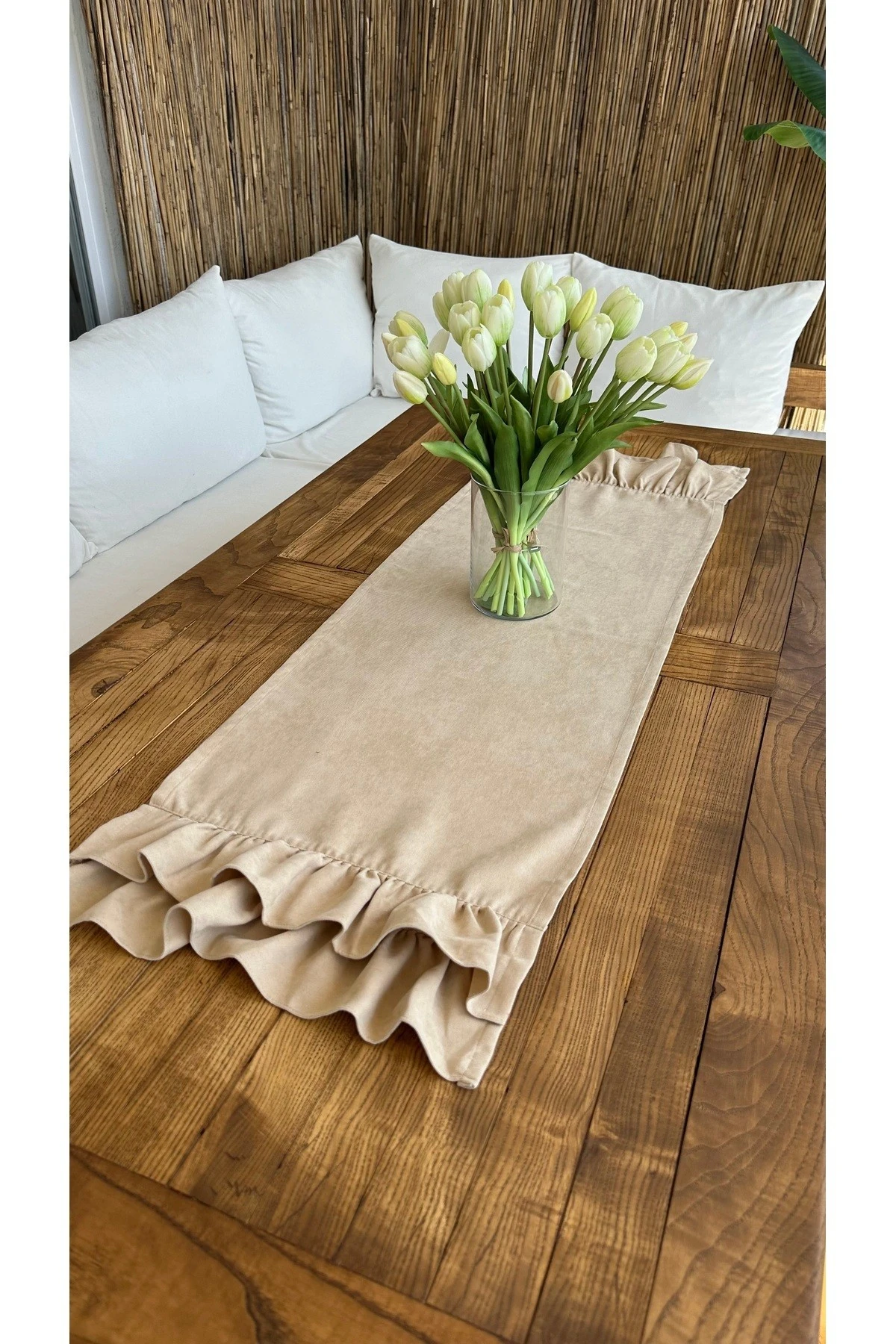 Vintage Kadife Dokulu Dertsiz Çift Kat Fırfırlı Bej Runner