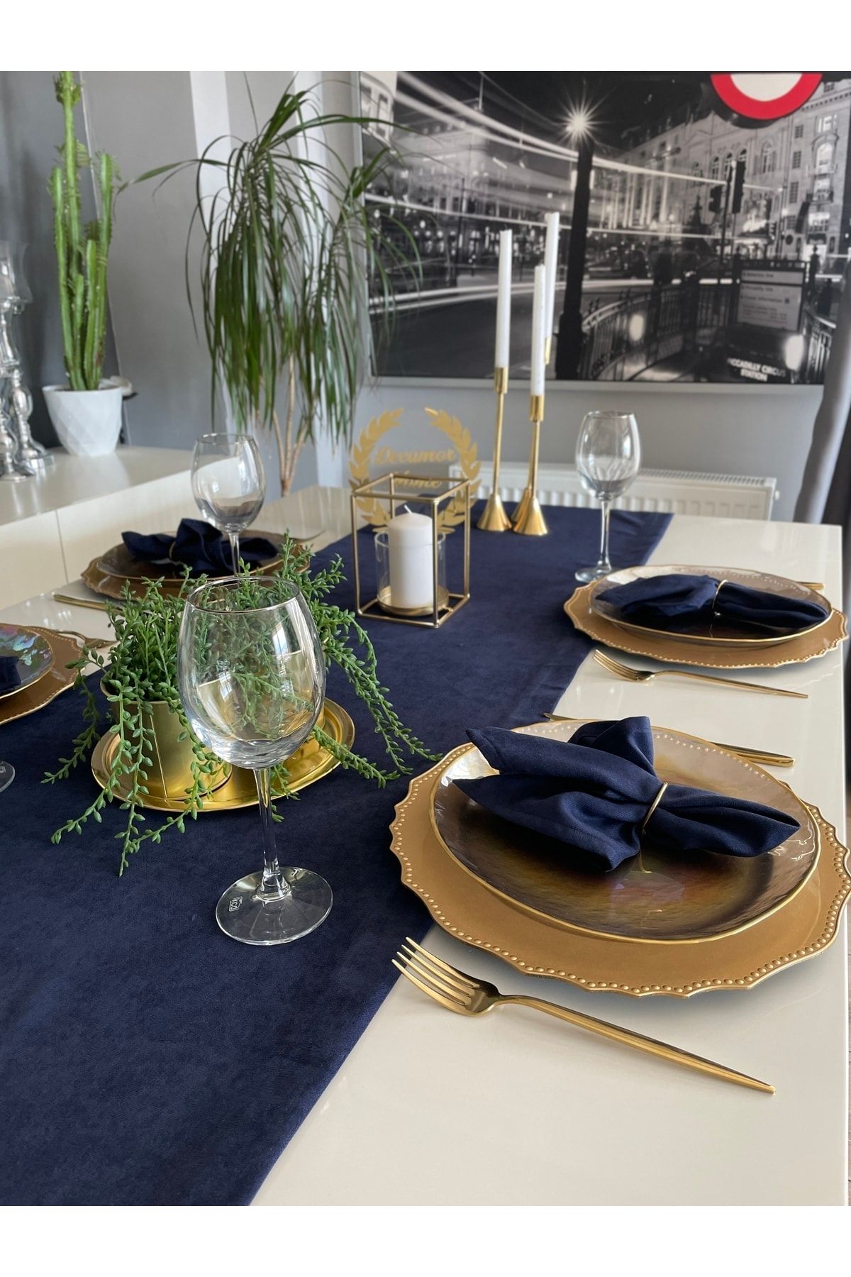 Kadife Dokulu Dertsiz Lacivert Uzun Runner