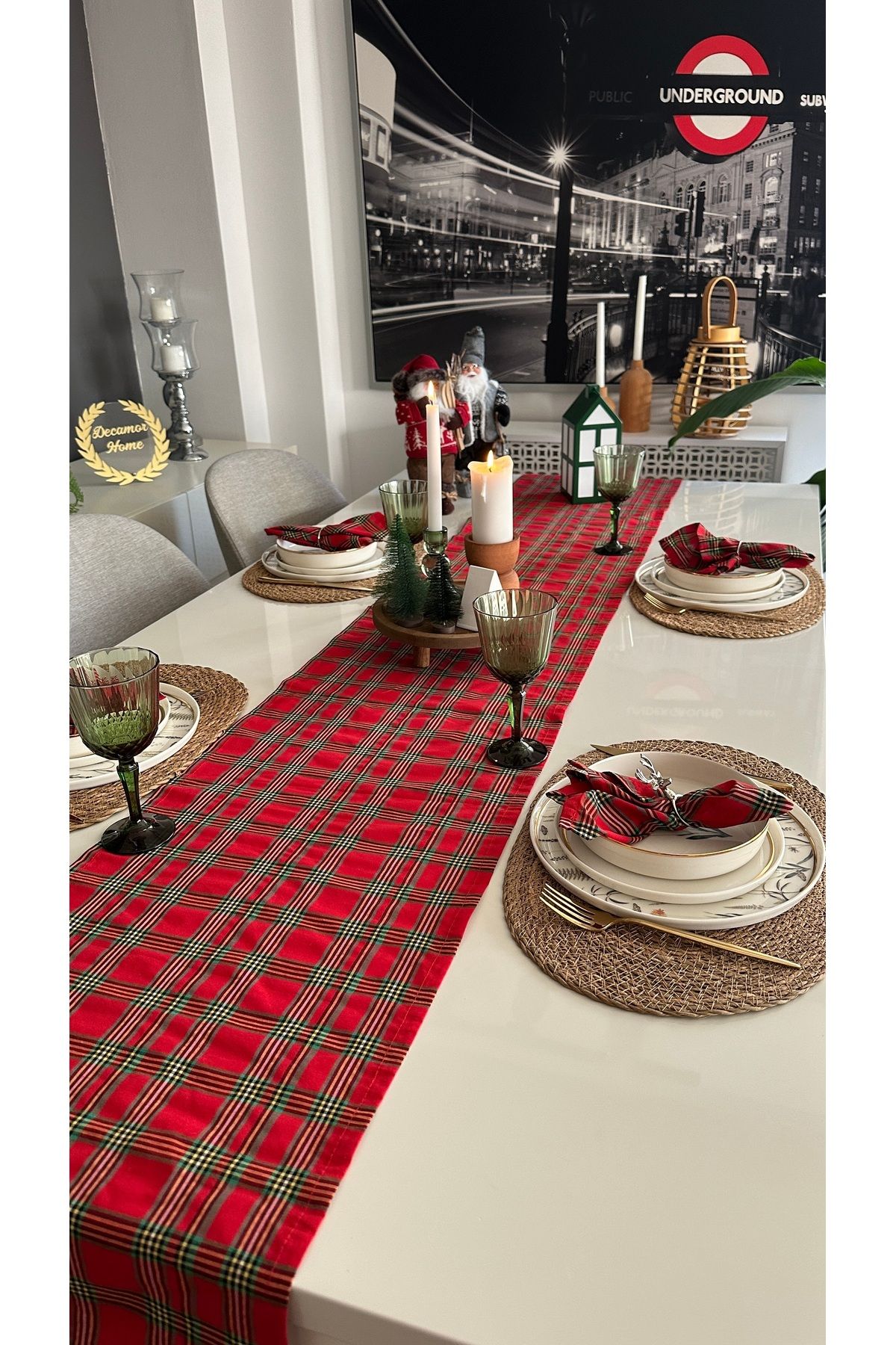 Runner ve Peçete Set Yeni Yıl Temalı Ekose Desen Pamuklu Uzun Runner