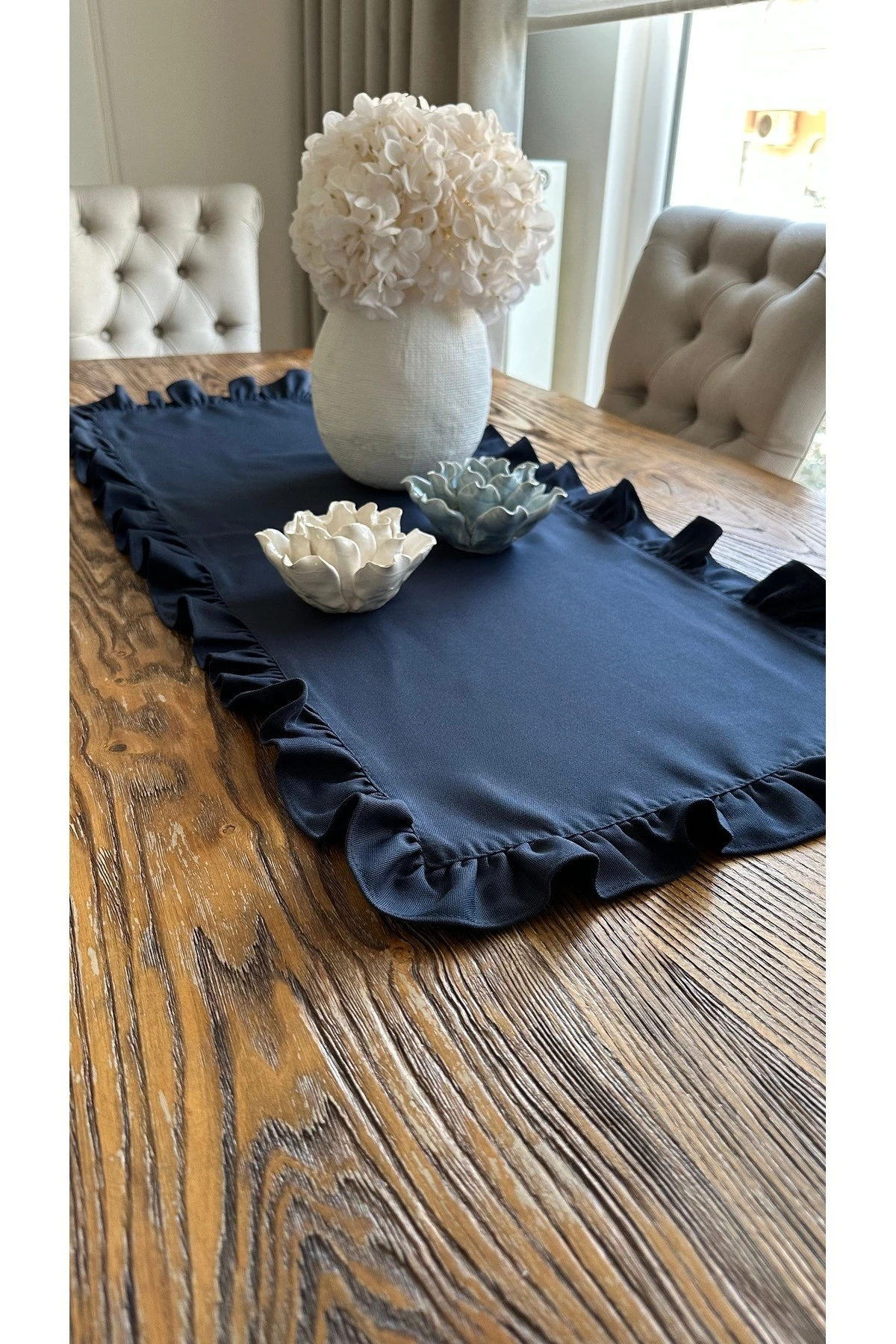 Keten Dertsiz Leke Tutmaz Tam Fırfırlı Lacivert Runner