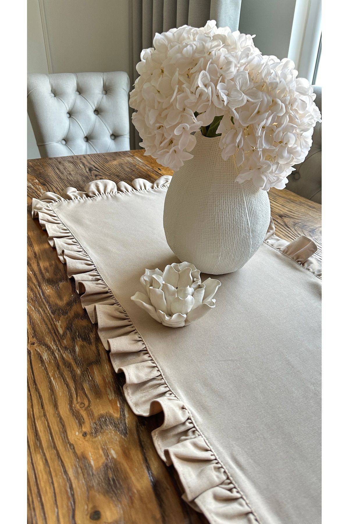 Keten Dokulu Dertsiz Leke Tutmaz Vintage Tam Fırfırlı Bej Runner