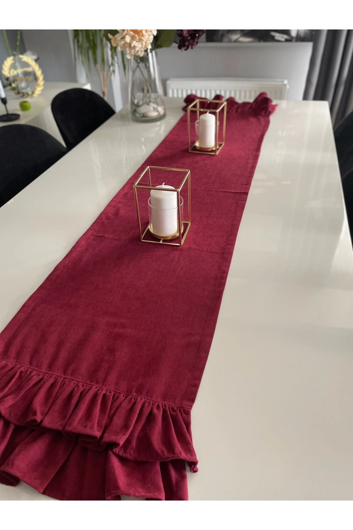 Kadife Doku Bordo Fırfırlı Runner