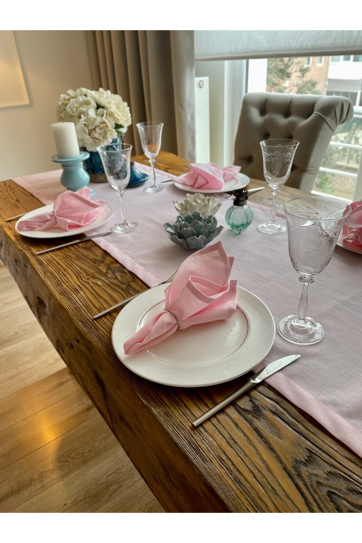 Keten Dokulu Şeker Pembe Peçete Kumaş Peçete 6 Ad