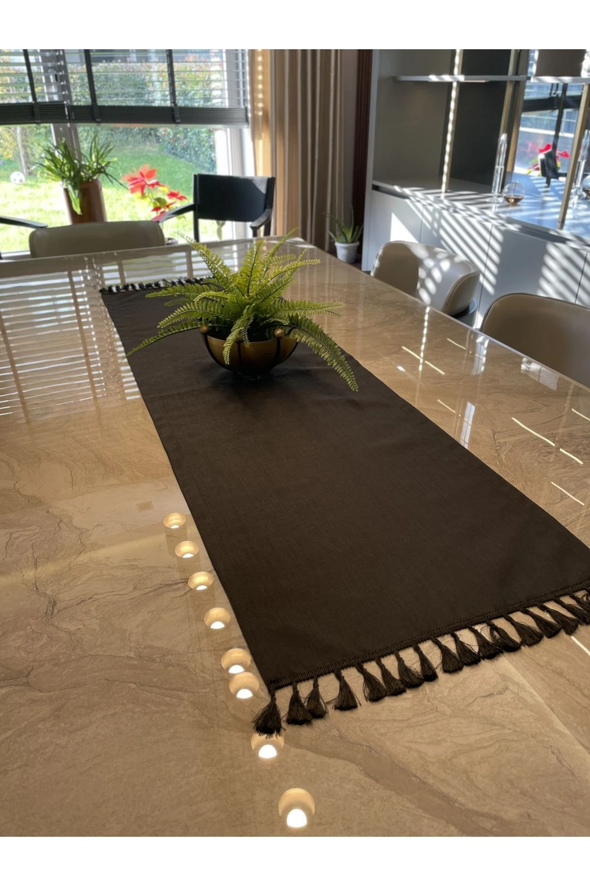 Püsküllü Siyah Runner Keten Püsküllü Runner