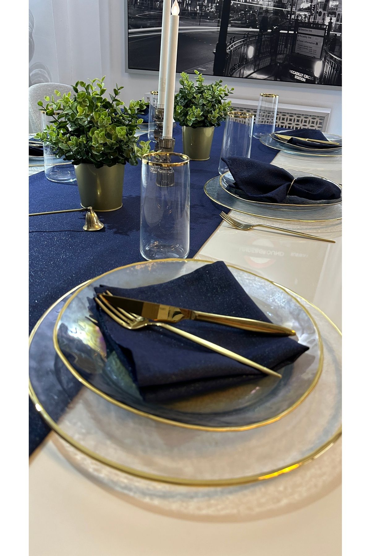 Keten Dokulu Simli Lacivert Uzun Runner