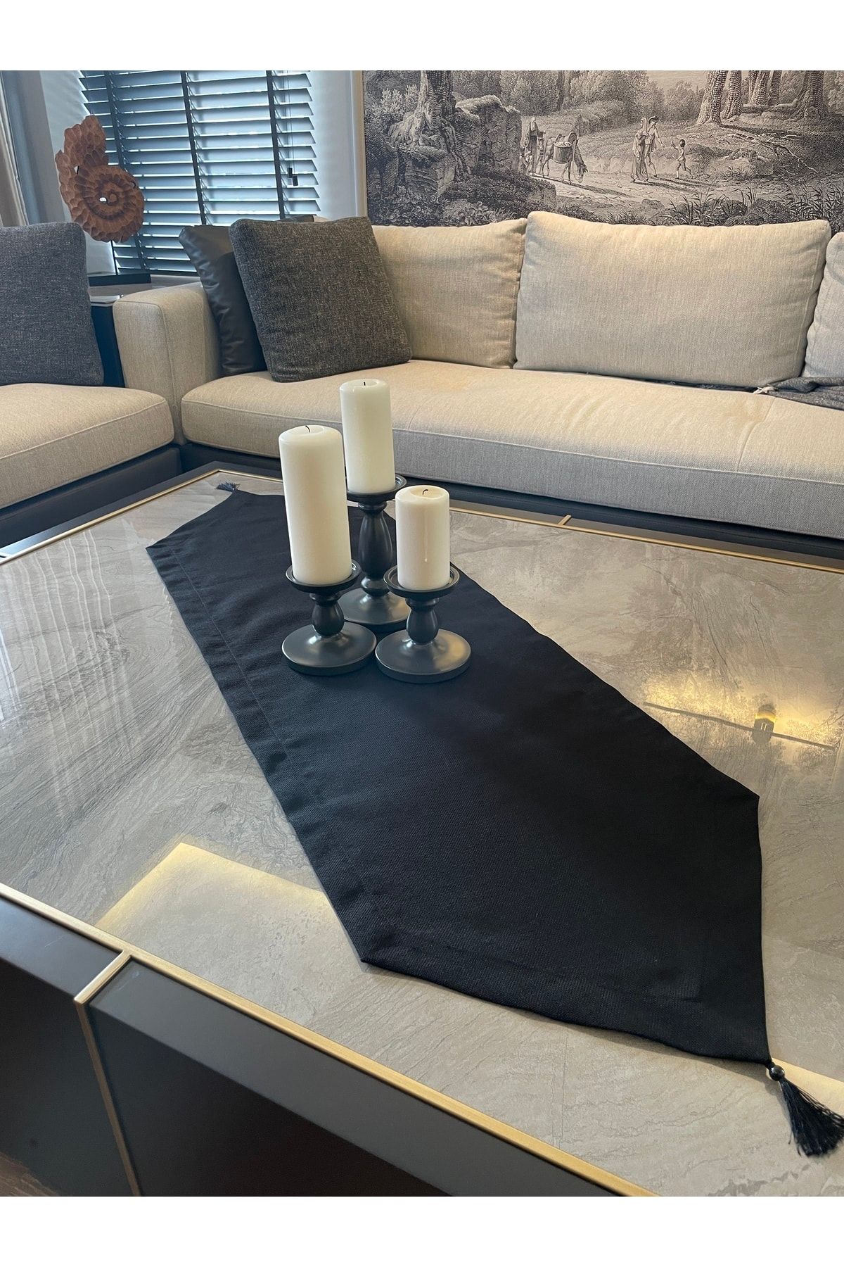 Püsküllü Siyah Keten Runner