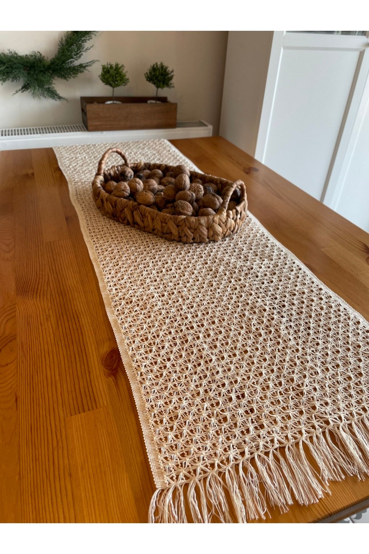 Bohem Örgü Dantel Püsküllü Ekru Runner