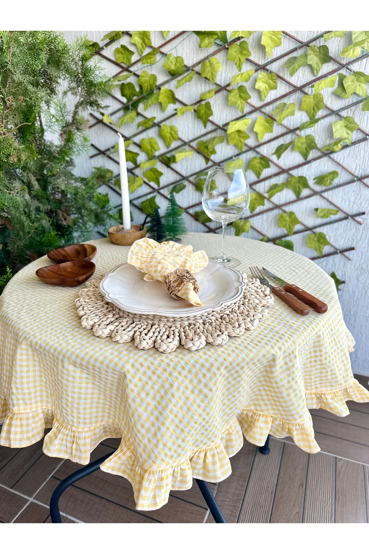 Thin Keten Kumaş 2’li Sarı Mini Pötikare Fırfırlı Peçete