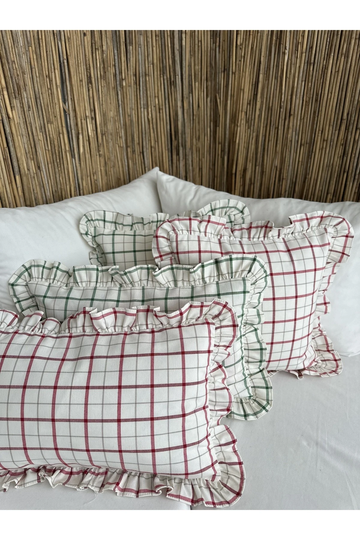 Keten Fırfırlı Ekru Yeşil Çizgili Kırlent Kılıfı 1. Kalite 1 adet