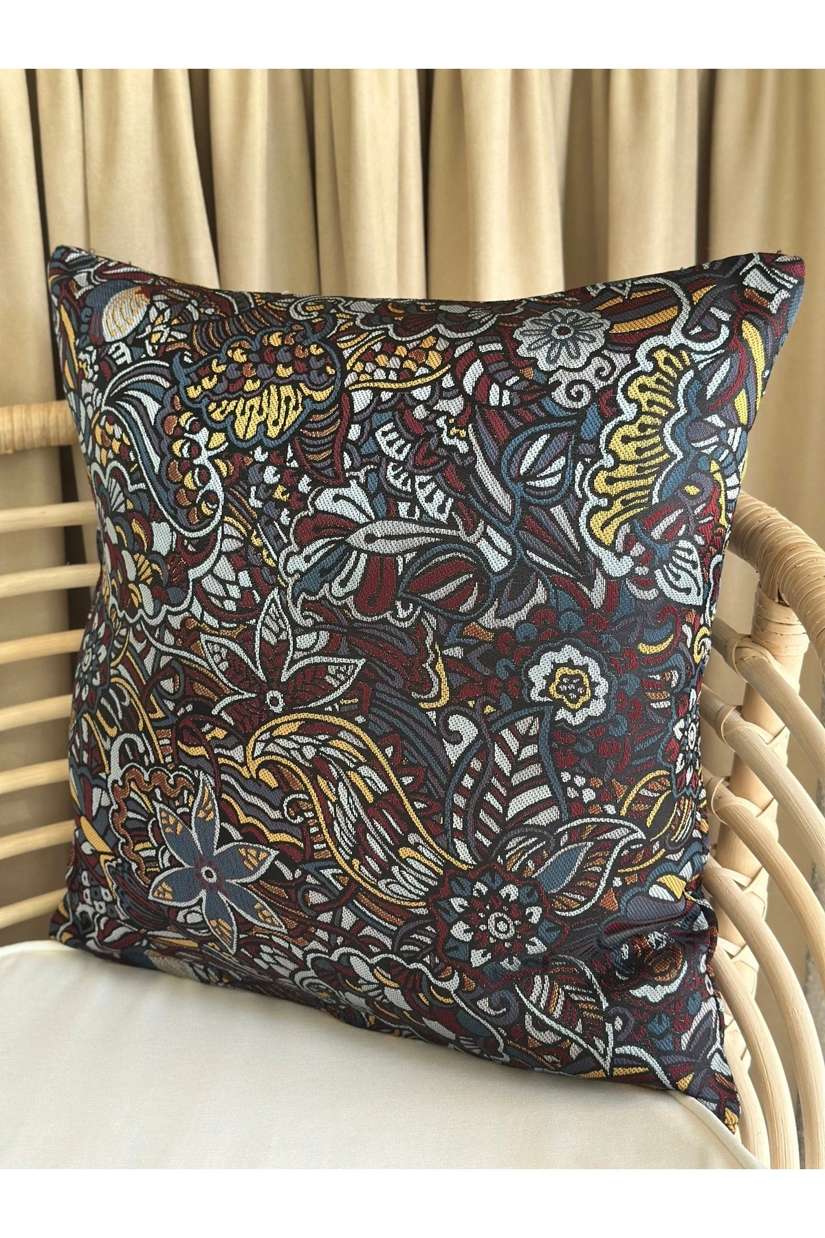 Lacivert - Renkli Salon Kırlent Kılıfı Dokuma Kumaş