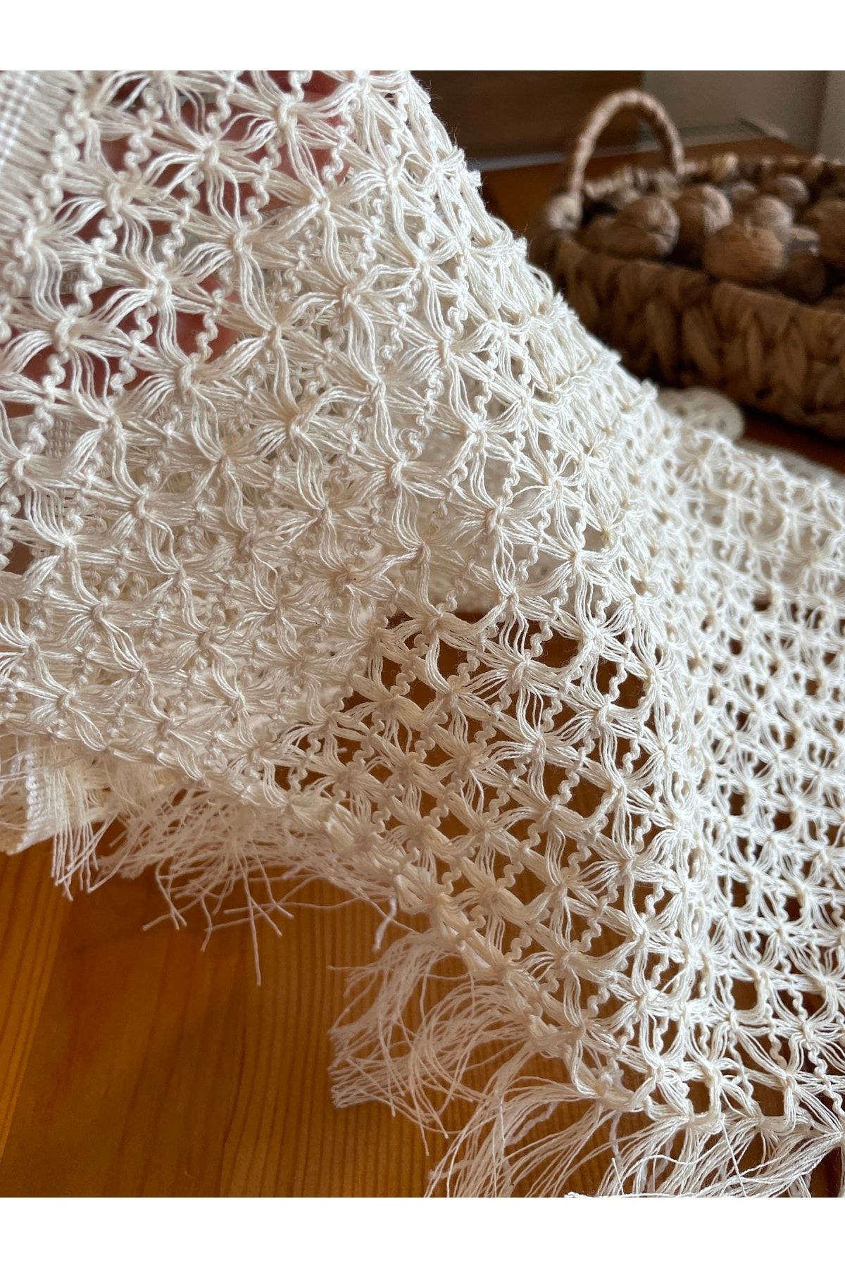 Bohem Örgü Dantel Püsküllü Ekru Runner