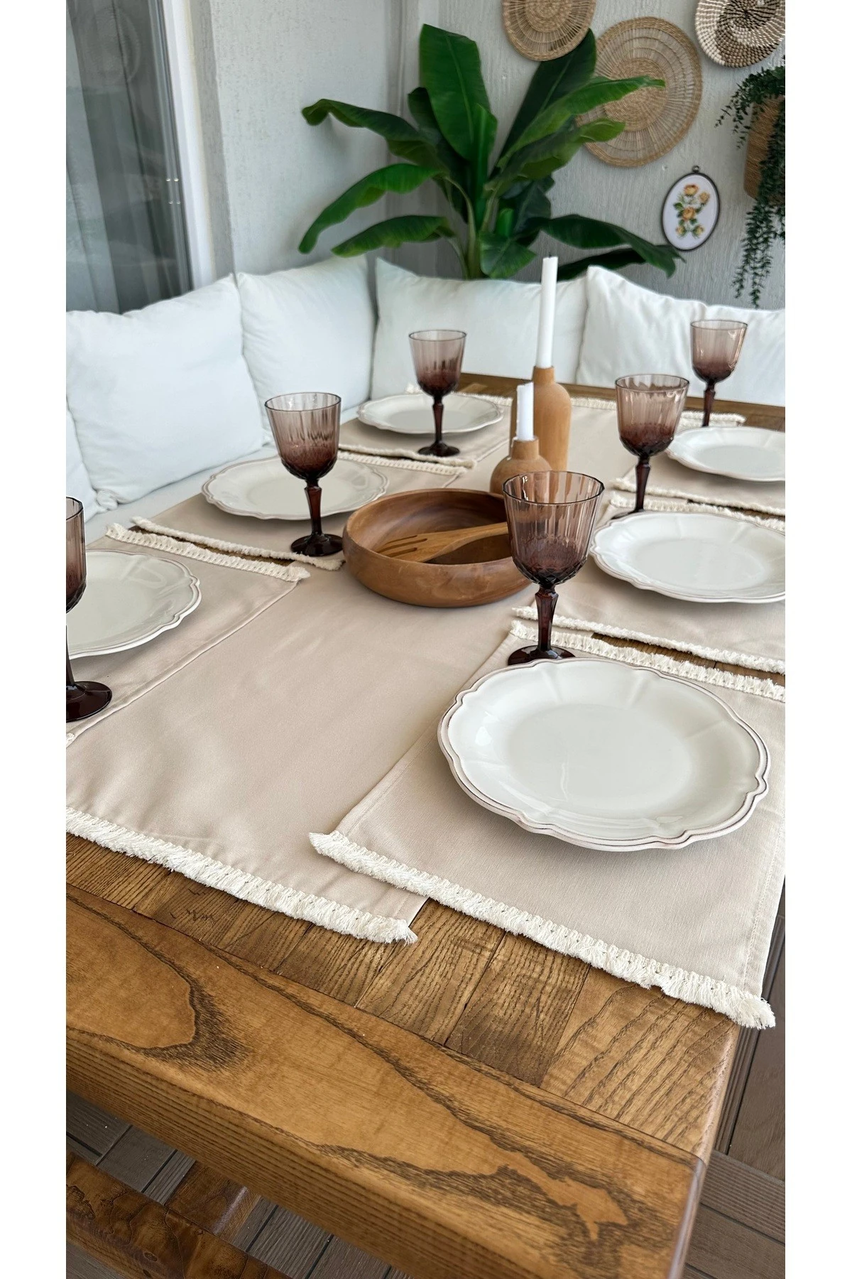 7 parça 6 kişilik Püsküllü Bej Amerikan Set