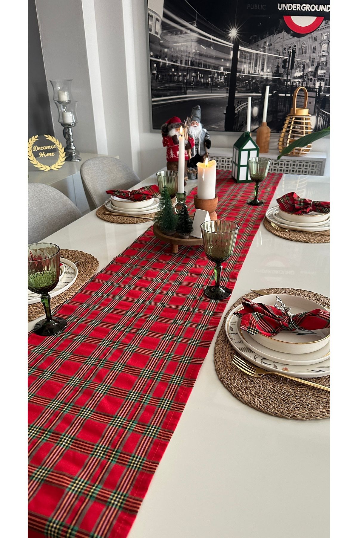 Runner ve Peçete Set Yeni Yıl Temalı Ekose Desen Pamuklu Uzun Runner