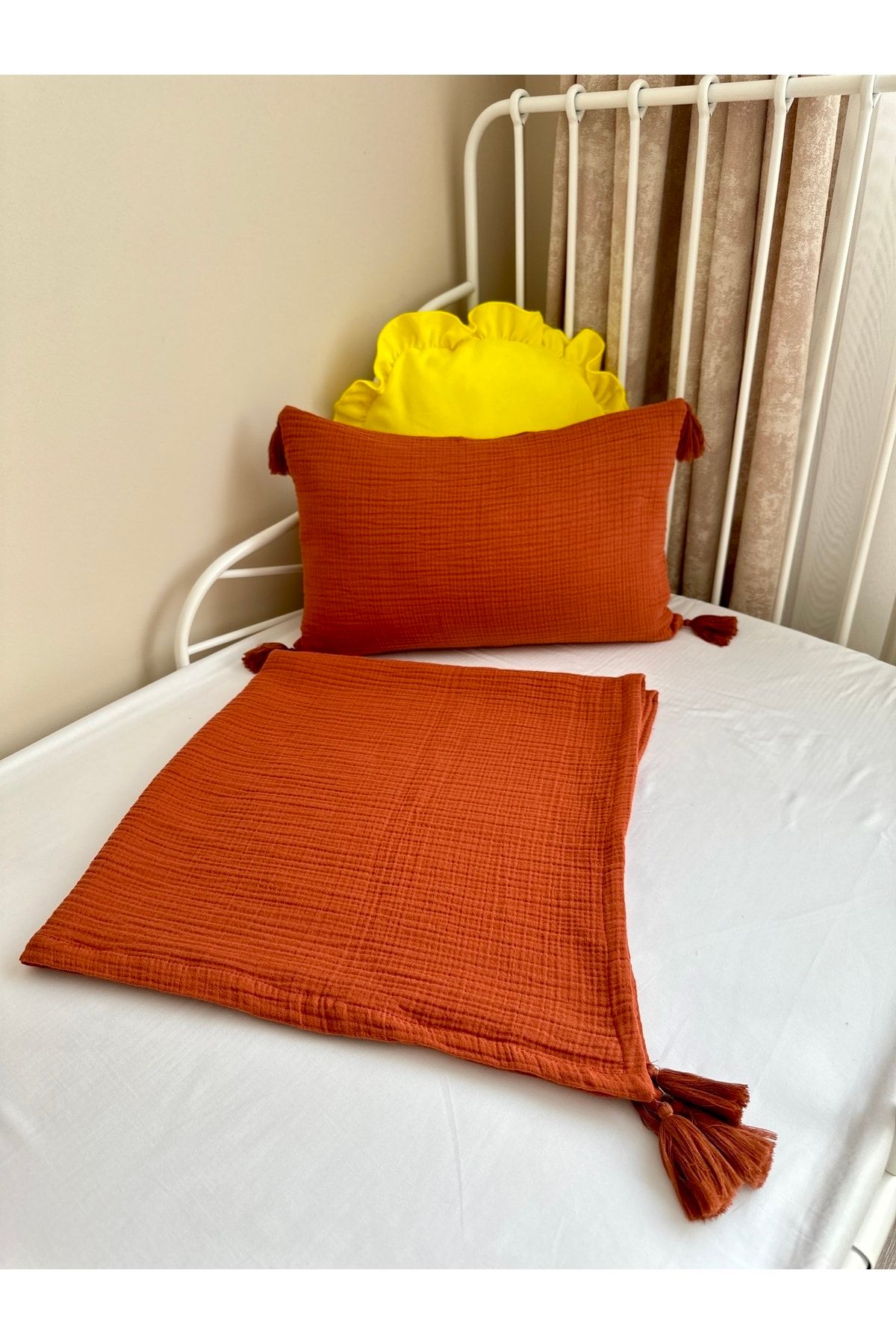 Kiremit 100% Pamuk 4 Katlı Müslin Battaniye Kırlent Set Kiremit Püskül Bebek Ve Çocuk Müslin Örtüsü