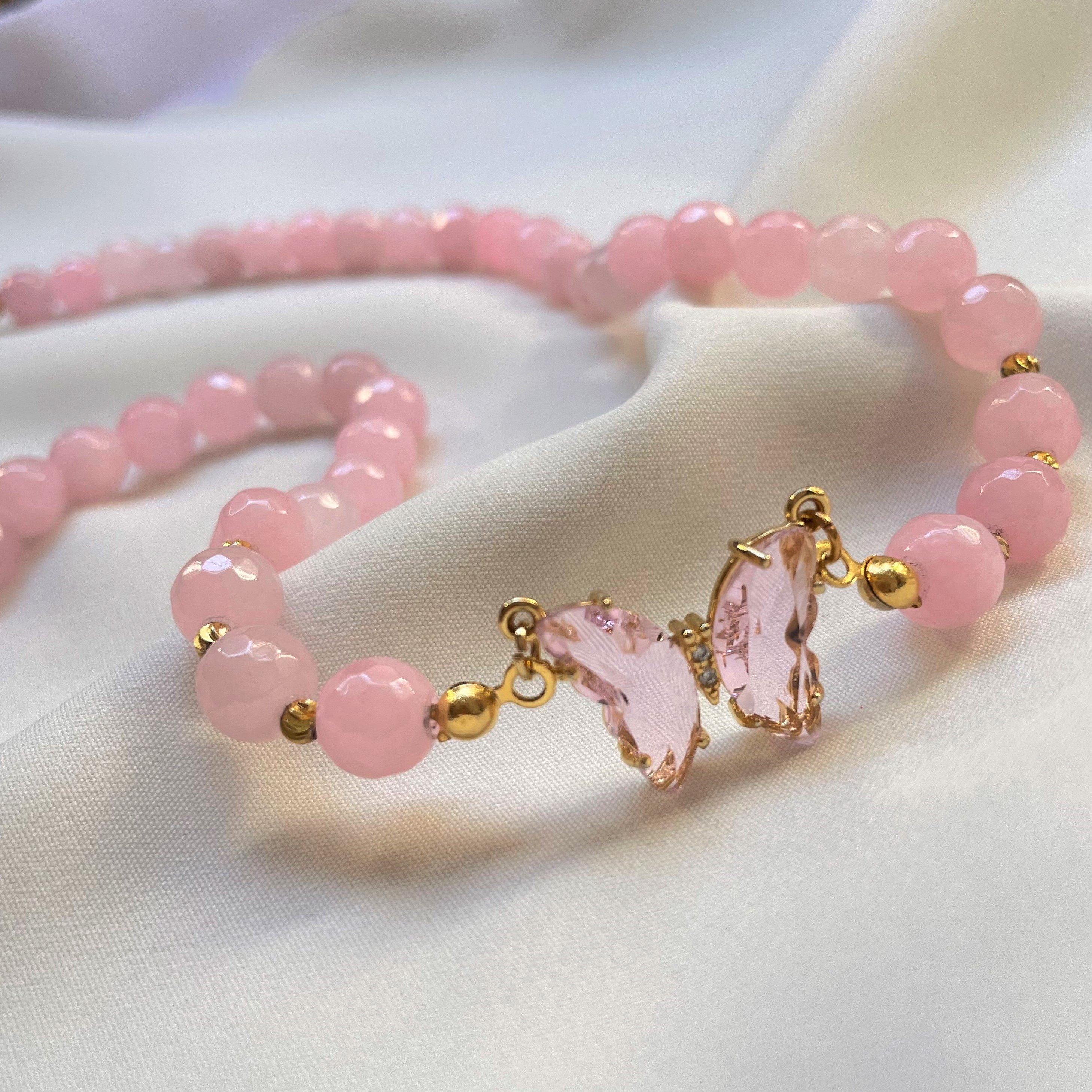 Pembe Kuvars Taşlı Kristal Kelebek Kolye