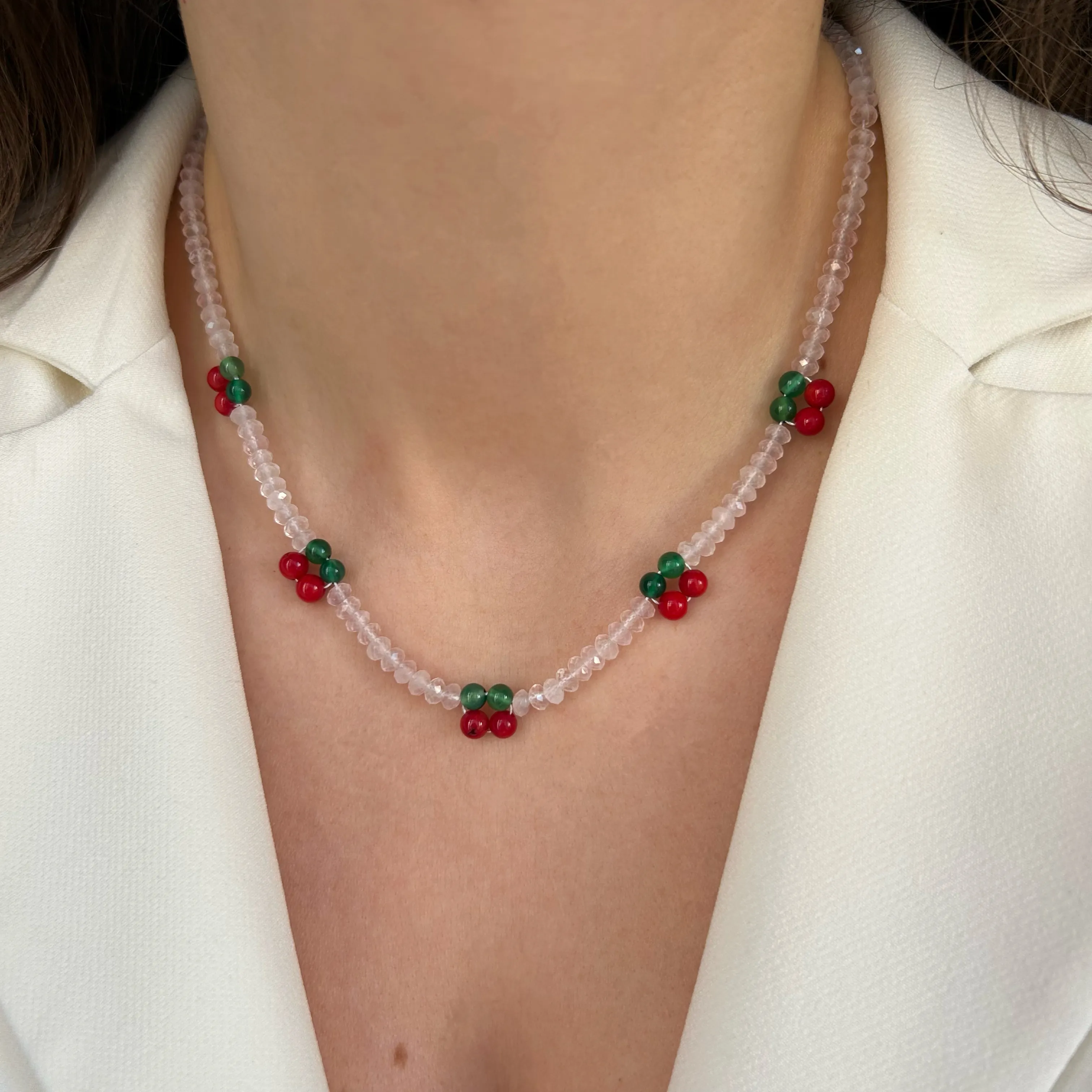 Pembe Kuvars Taşlı Mercan Kiraz Kolye 