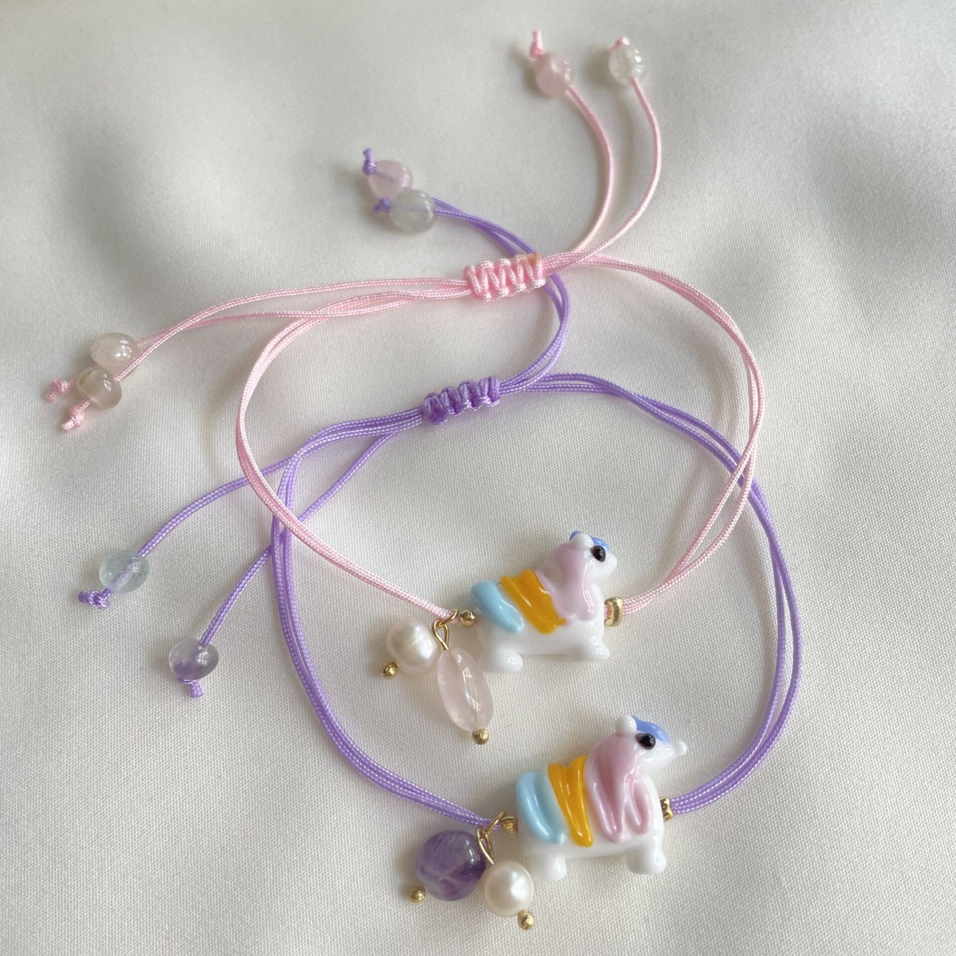 Murano Cam Unicorn Pembe Kuvars & Morganit Taşlı Pembe İpli Bileklik