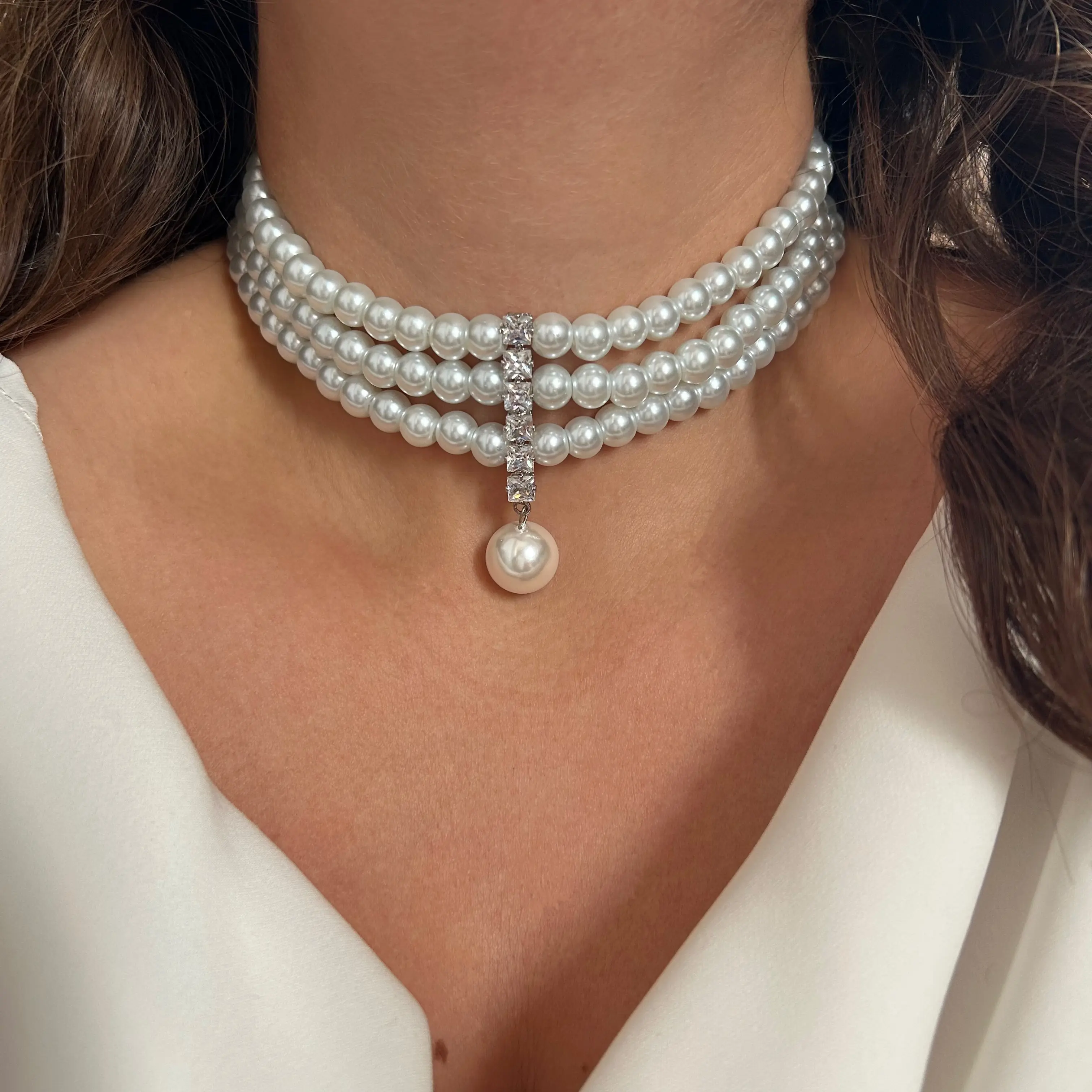 Zirkon Taşlı Cam ve Mayorka İnci Choker Kolye