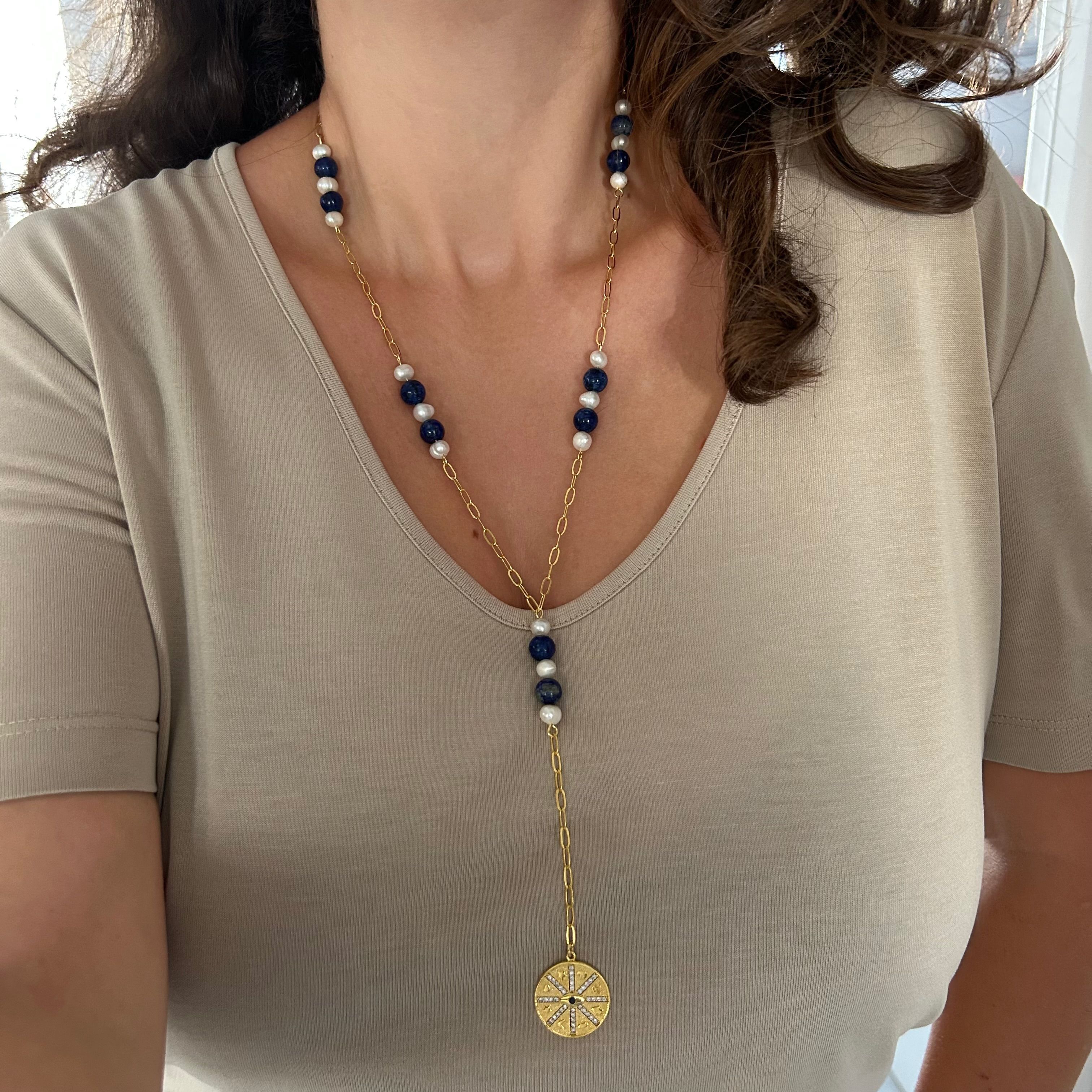 Lapis Lazuli Taşlı İncili Şanslı Madalyon Y Kolye 