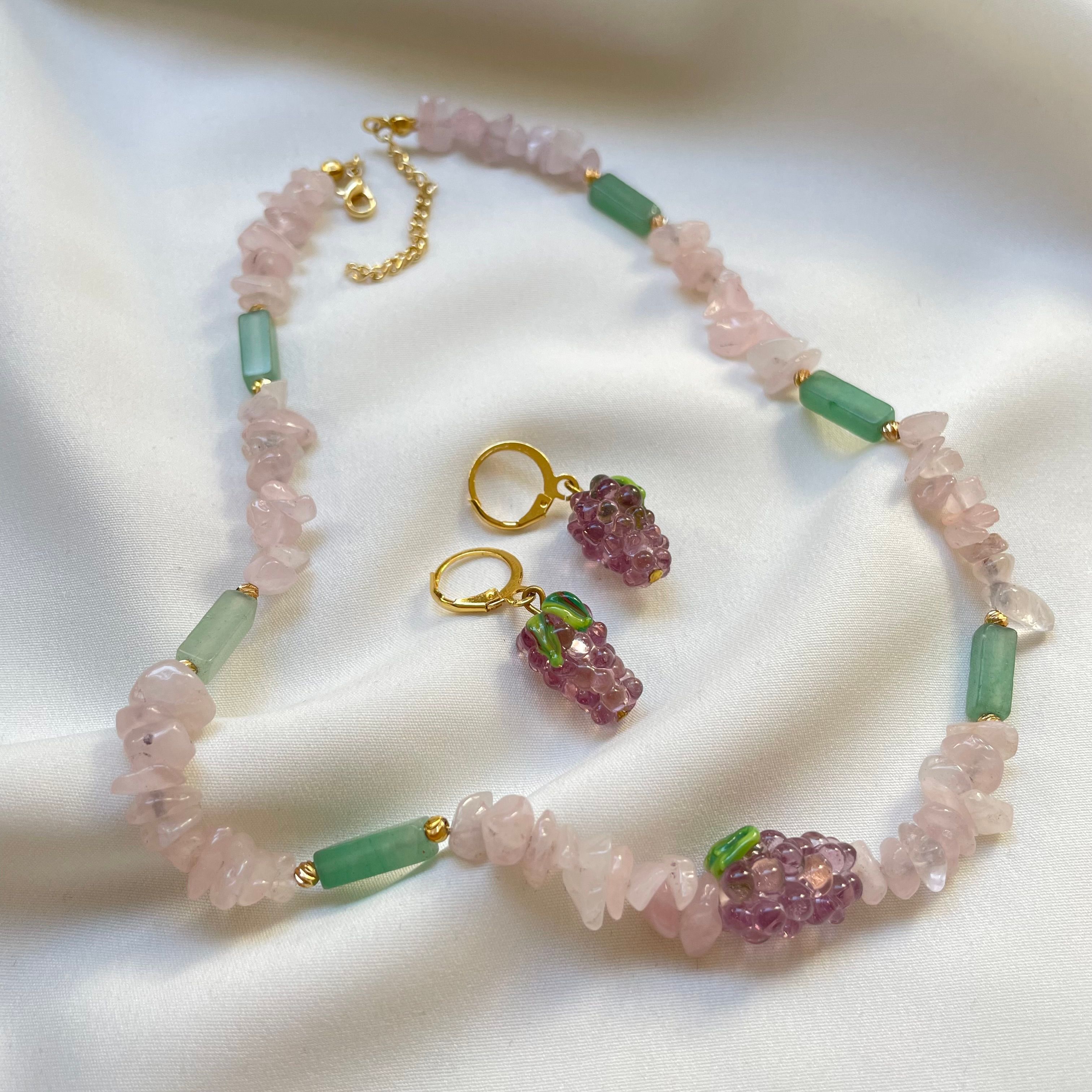 Pembe Kuvars ve Varisit Taşlı Murano Mulberry Kolye